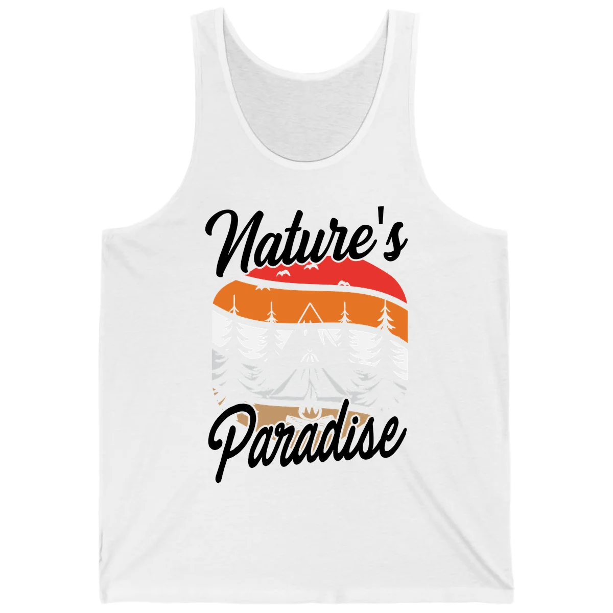 Layered landscape design with red mountains, orange forest, snow-covered evergreens, camping tent, and campfire with 'Nature's Paradise' text in White