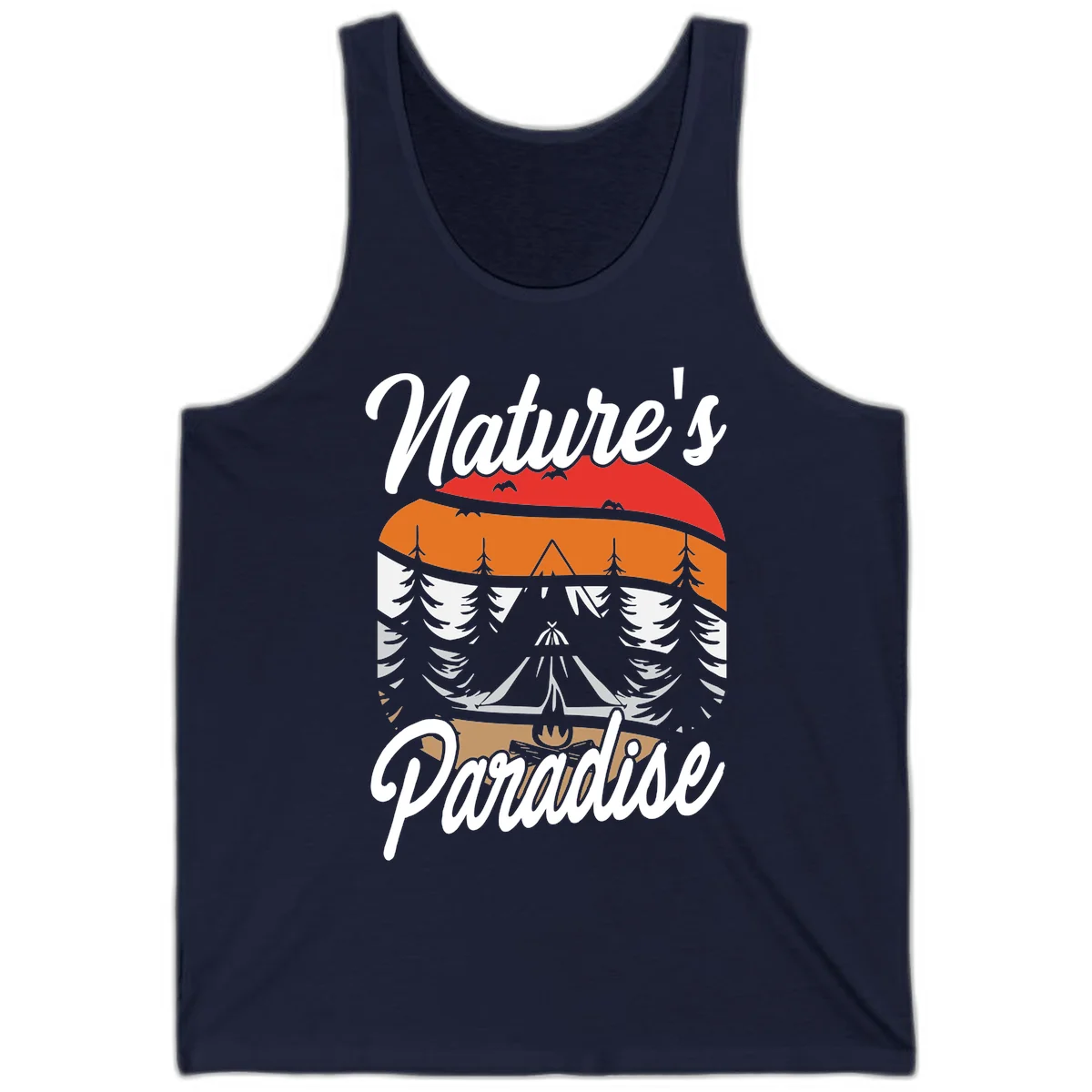 Layered landscape design with red mountains, orange forest, snow-covered evergreens, camping tent, and campfire with 'Nature's Paradise' text in Navy