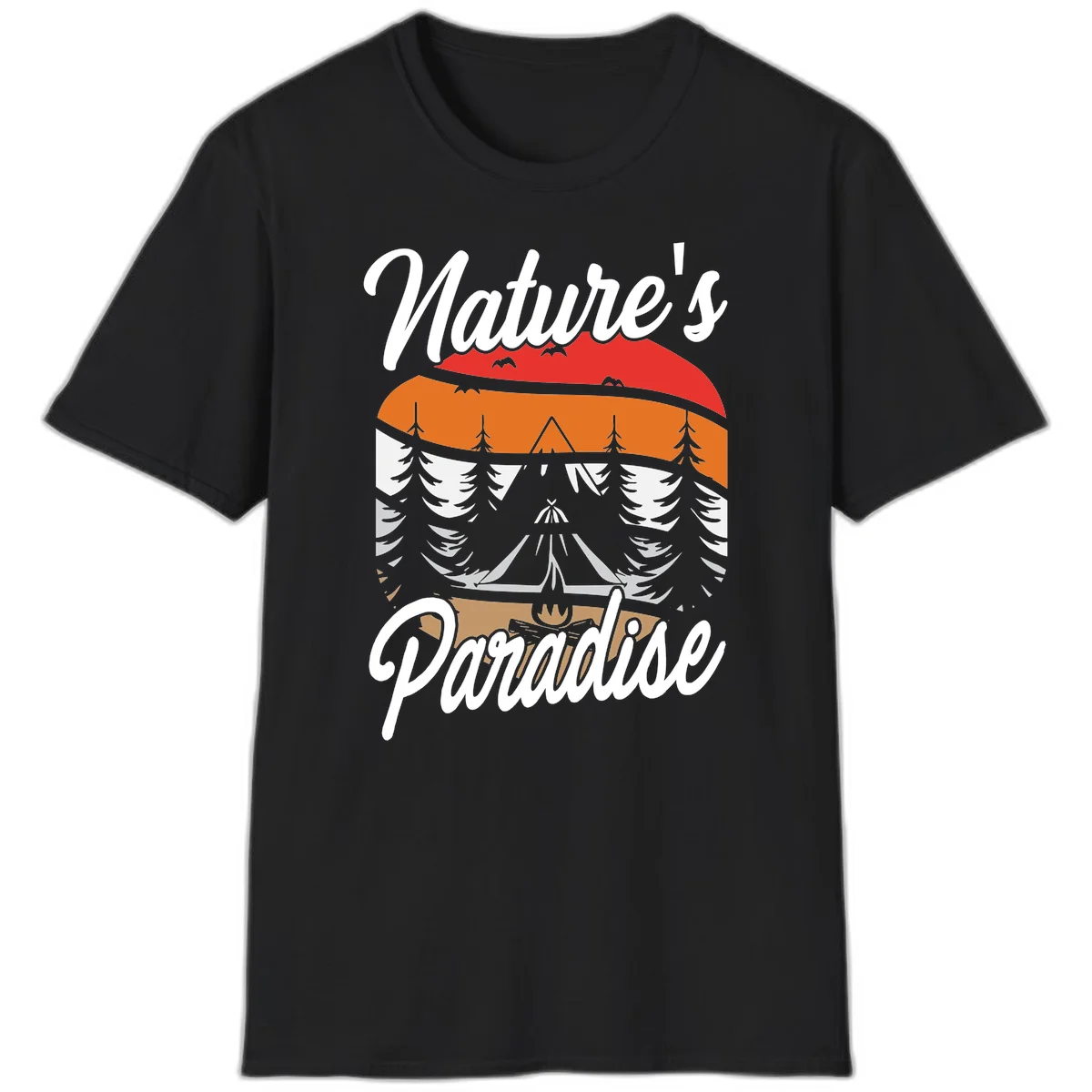 Layered landscape design with red mountains, orange forest, snow-covered evergreens, camping tent, and campfire with 'Nature's Paradise' text in Black