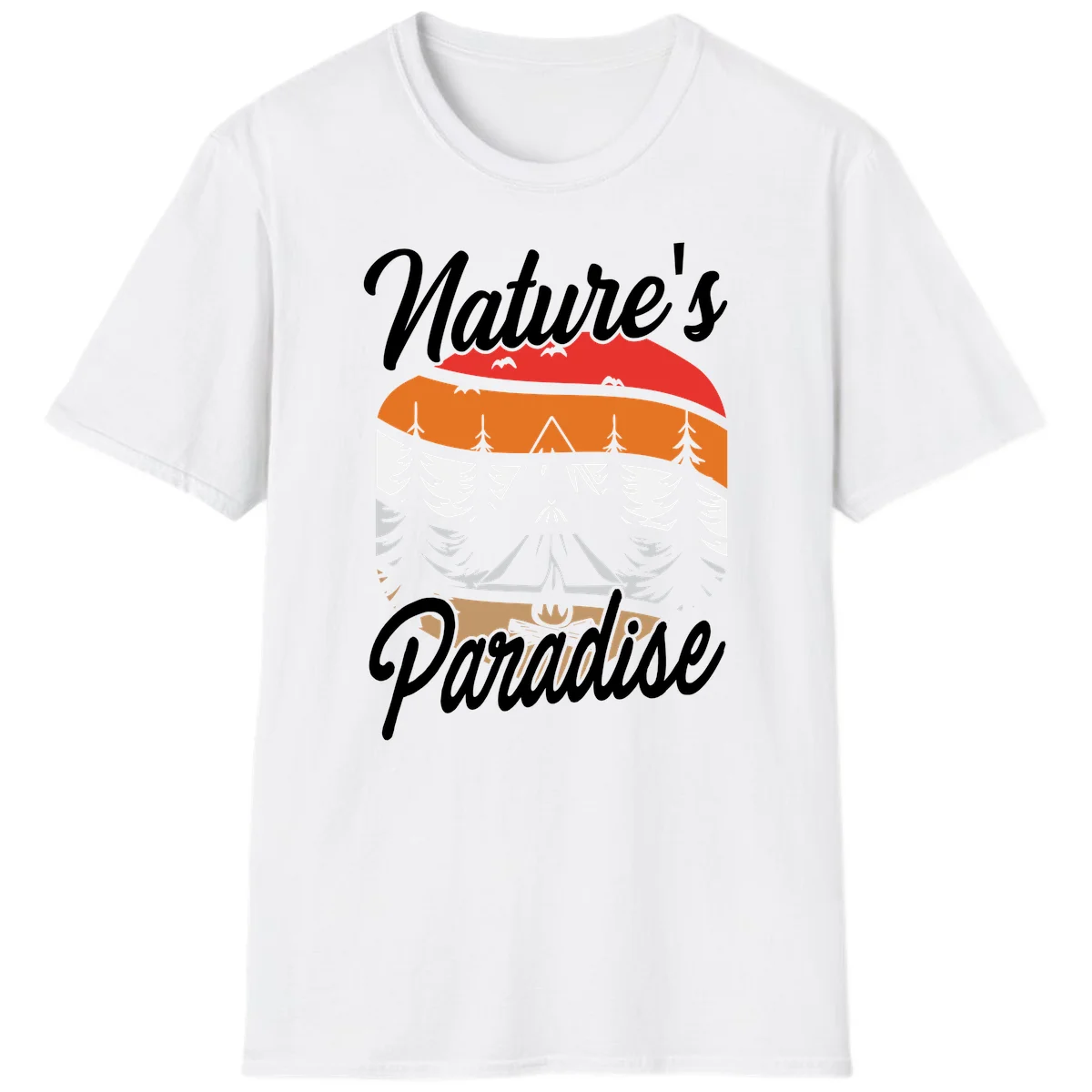 Layered landscape design with red mountains, orange forest, snow-covered evergreens, camping tent, and campfire with 'Nature's Paradise' text in White