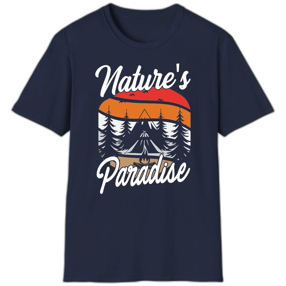 Layered landscape design with red mountains, orange forest, snow-covered evergreens, camping tent, and campfire with 'Nature's Paradise' text in Navy