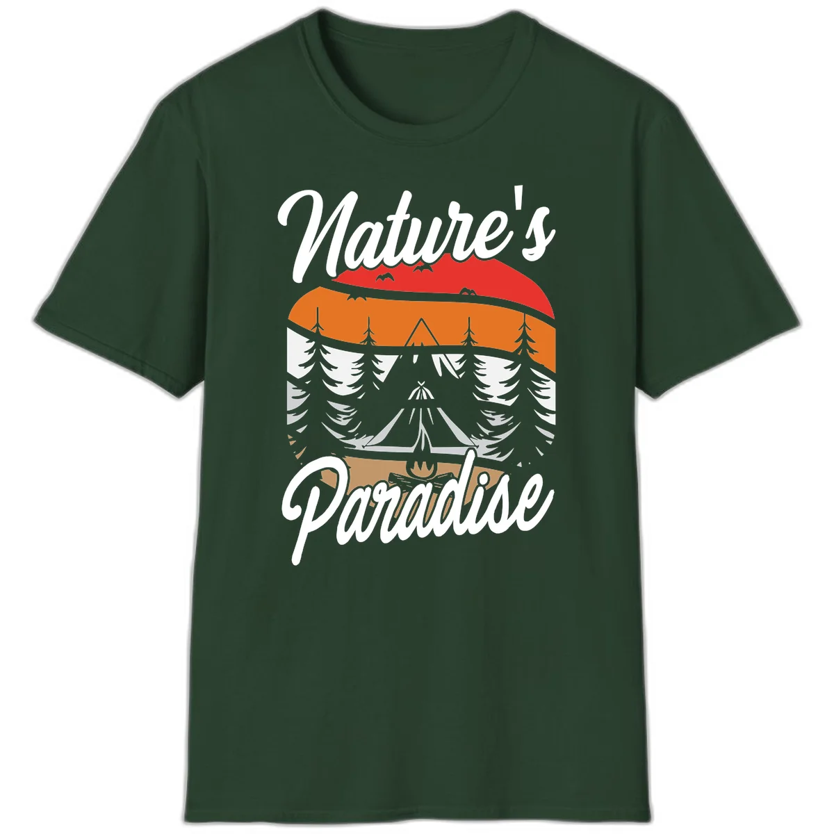 Layered landscape design with red mountains, orange forest, snow-covered evergreens, camping tent, and campfire with 'Nature's Paradise' text in Forest Green