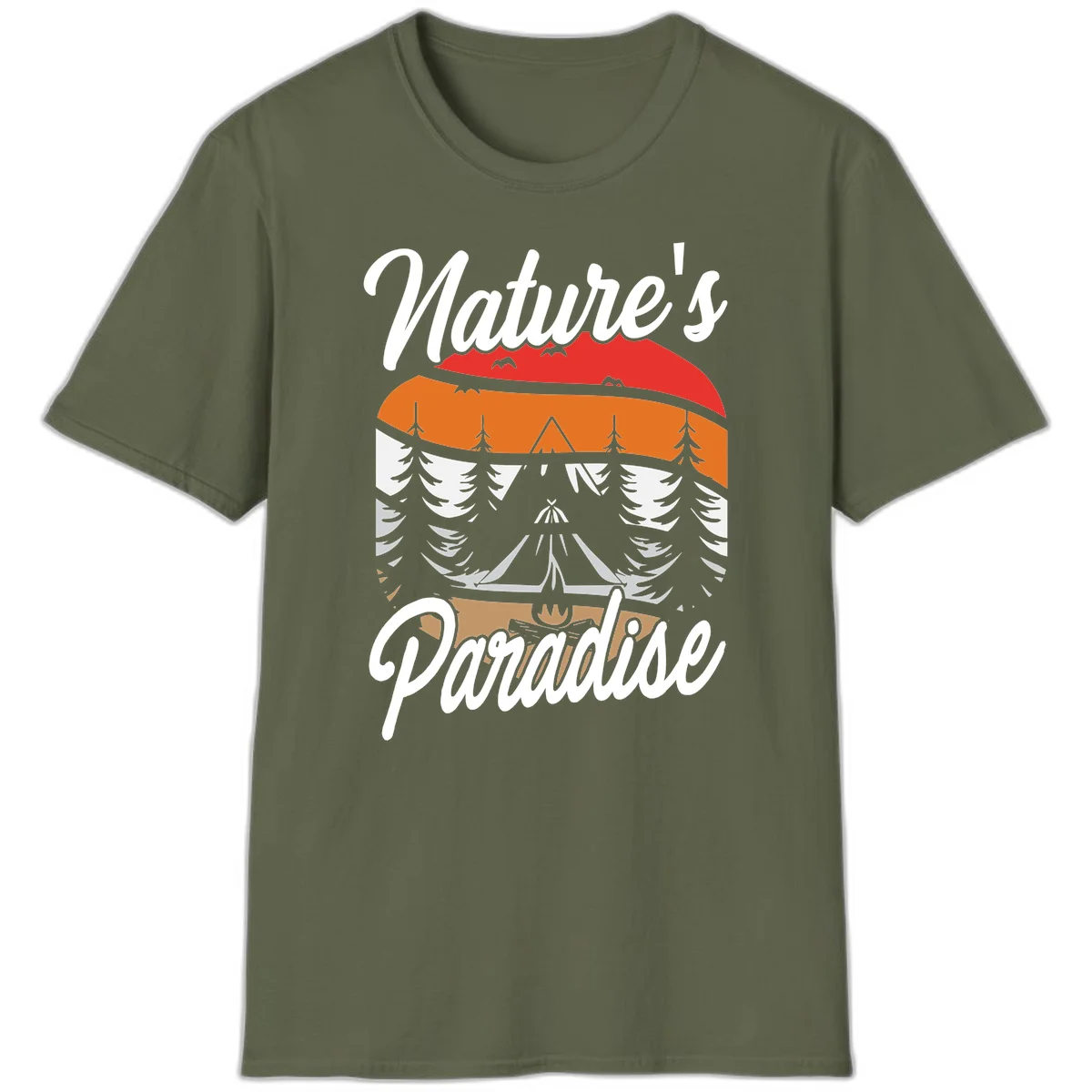 Layered landscape design with red mountains, orange forest, snow-covered evergreens, camping tent, and campfire with 'Nature's Paradise' text in Military Green