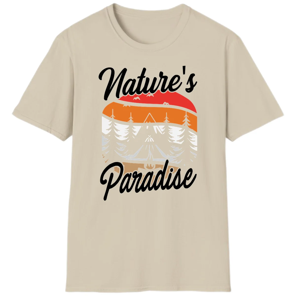 Layered landscape design with red mountains, orange forest, snow-covered evergreens, camping tent, and campfire with 'Nature's Paradise' text in Sand