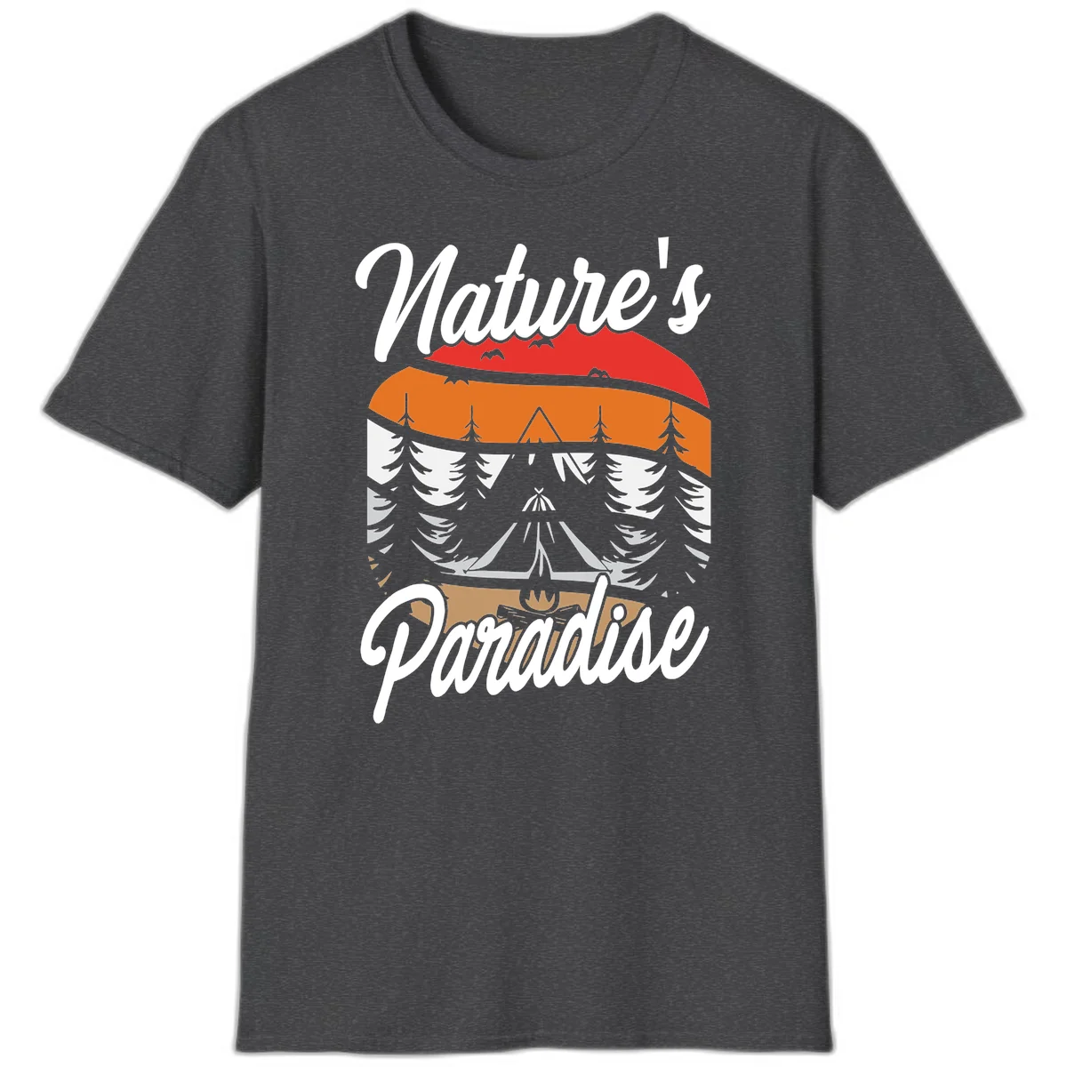 Layered landscape design with red mountains, orange forest, snow-covered evergreens, camping tent, and campfire with 'Nature's Paradise' text in Dark Heather