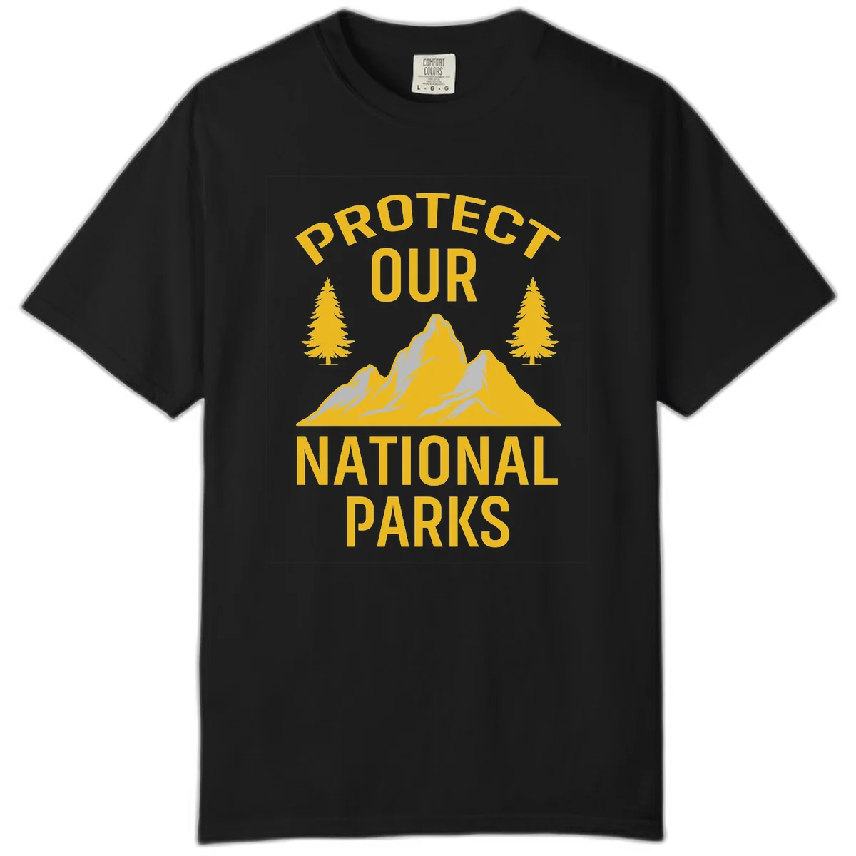 Protect our national parks design with golden mountains, evergreen trees, and bold text on gray background in Black