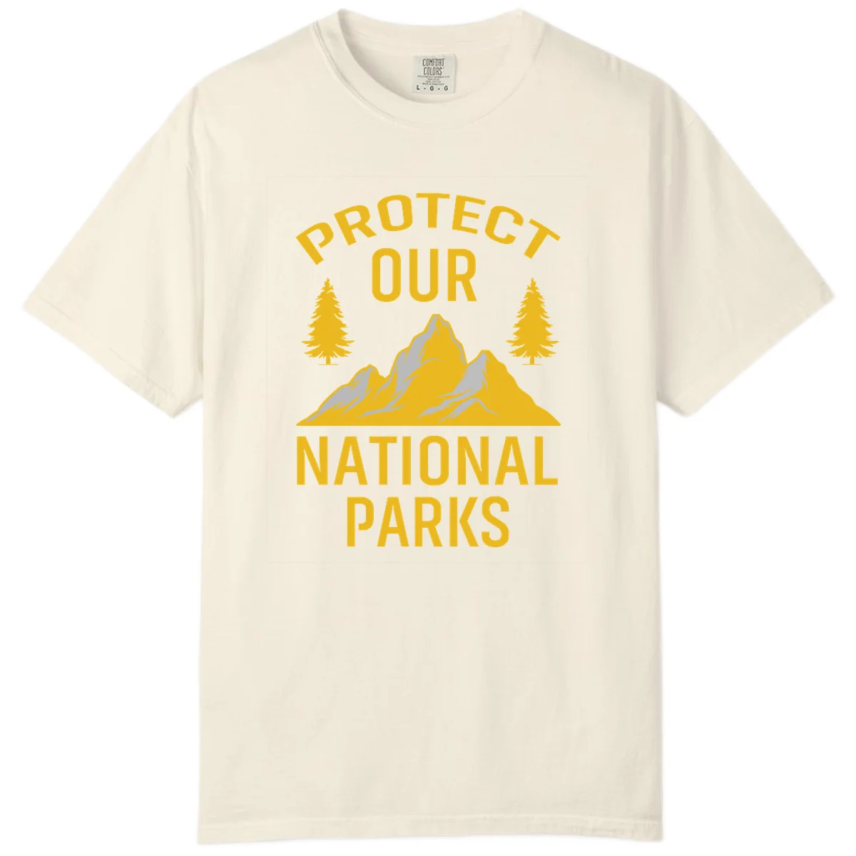 Protect our national parks design with golden mountains, evergreen trees, and bold text on gray background in Ivory