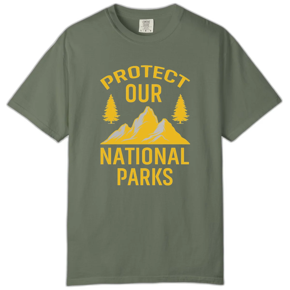 Protect our national parks design with golden mountains, evergreen trees, and bold text on gray background in Moss