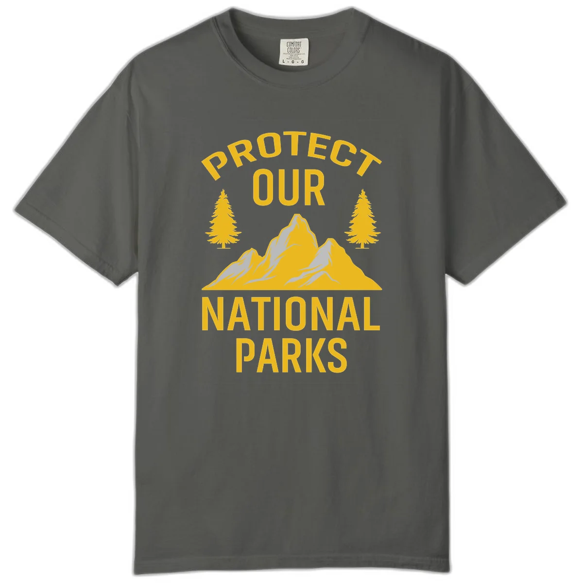 Protect our national parks design with golden mountains, evergreen trees, and bold text on gray background in Pepper