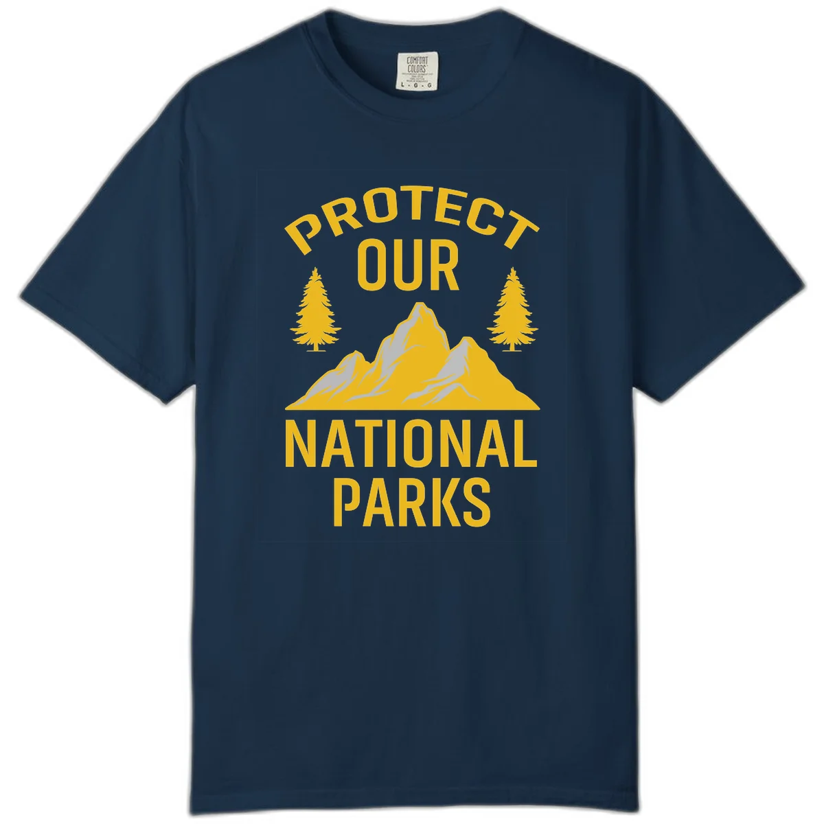 Protect our national parks design with golden mountains, evergreen trees, and bold text on gray background in True Navy