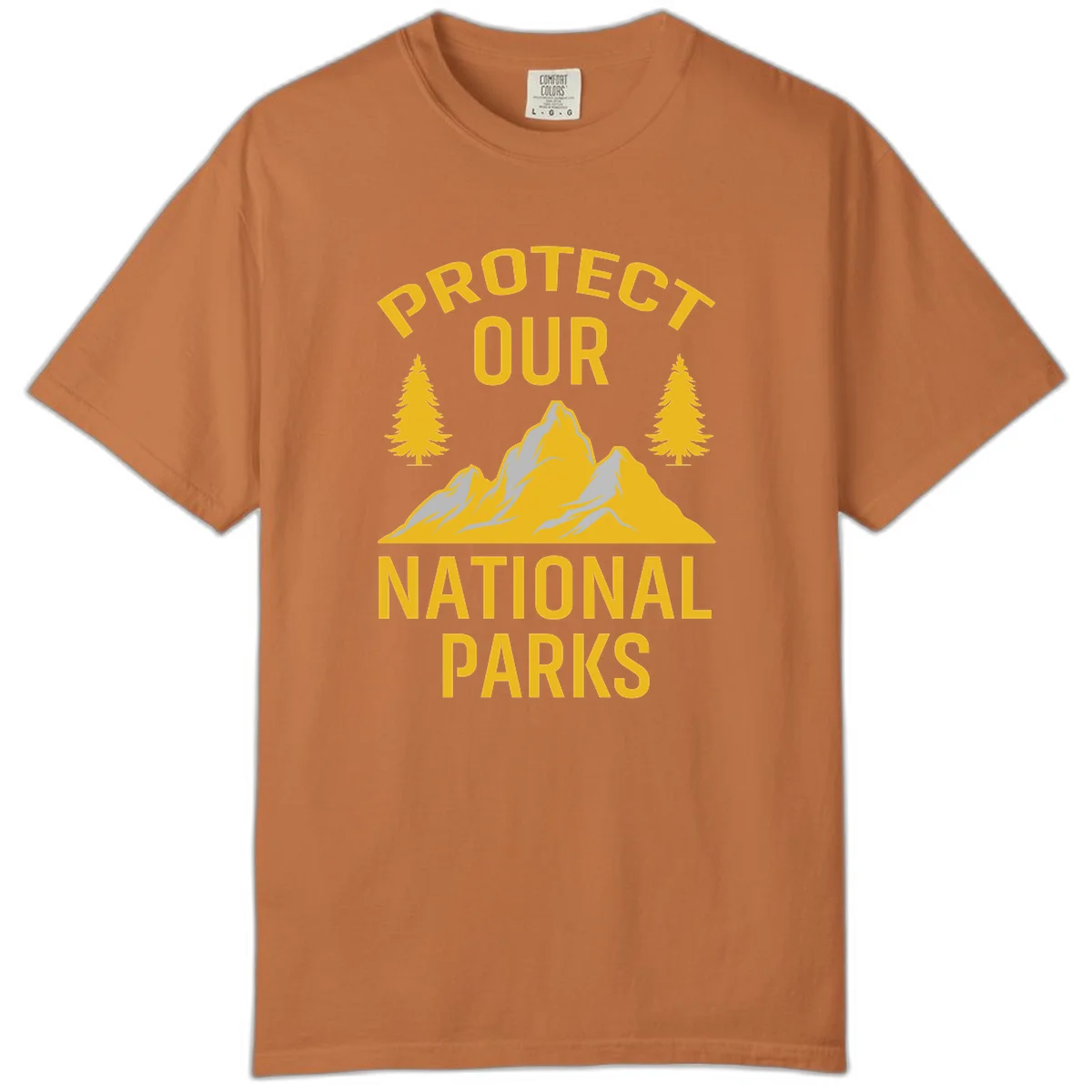 Protect our national parks design with golden mountains, evergreen trees, and bold text on gray background in Yam