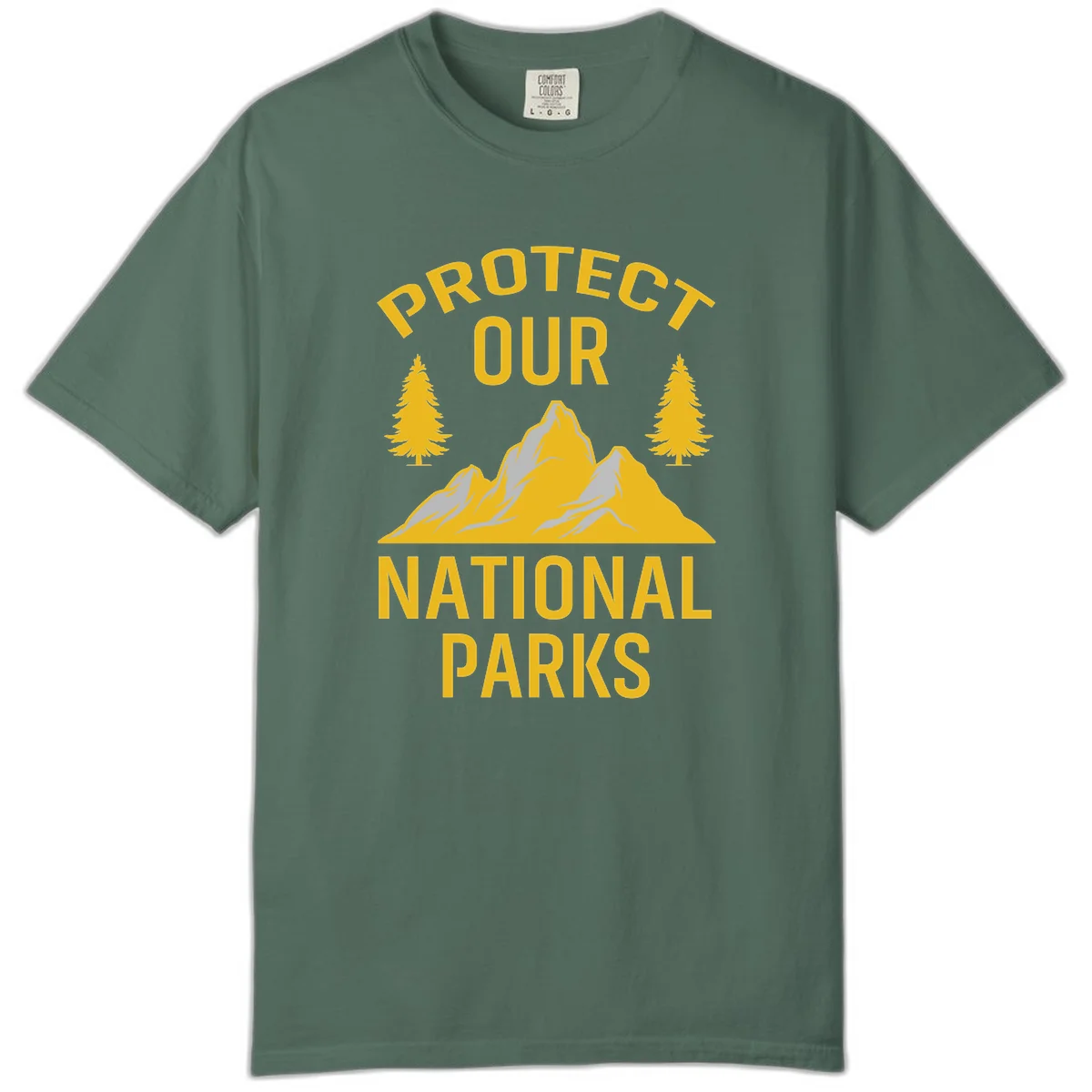 Protect our national parks design with golden mountains, evergreen trees, and bold text on gray background in Blue Spruce
