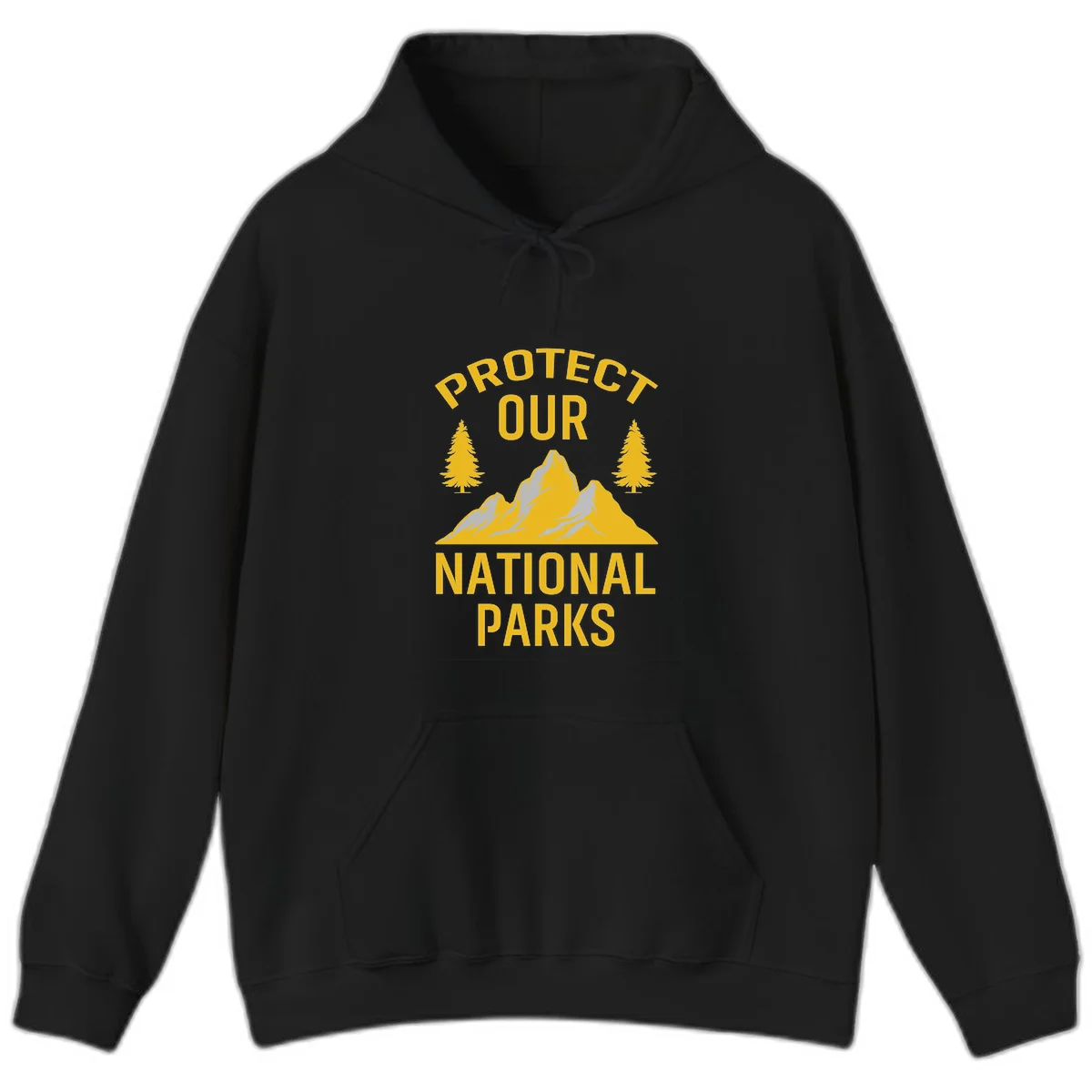 Protect our national parks design with golden mountains, evergreen trees, and bold text on gray background in Black