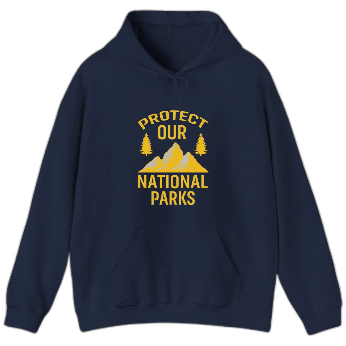 Protect our national parks design with golden mountains, evergreen trees, and bold text on gray background in Navy