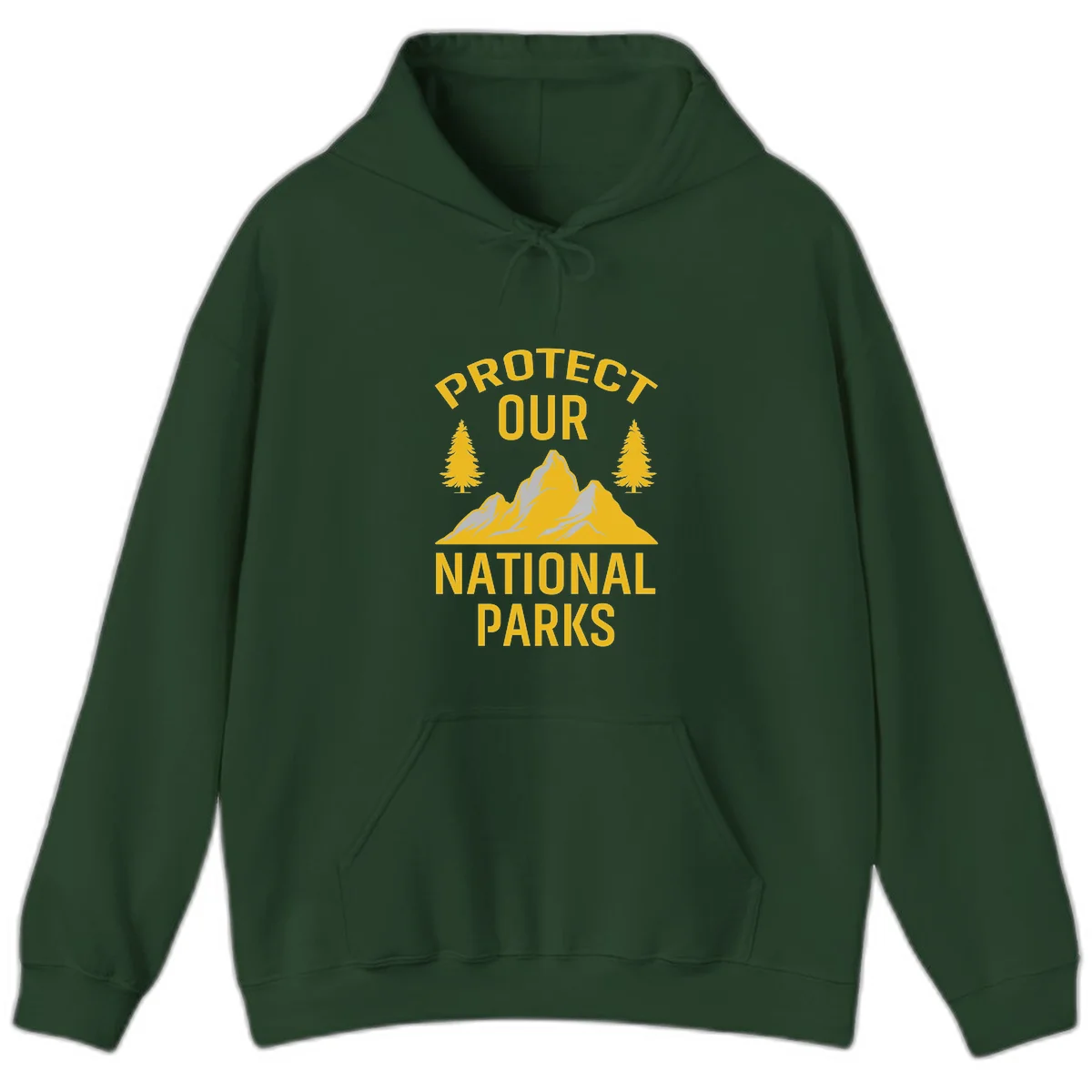 Protect our national parks design with golden mountains, evergreen trees, and bold text on gray background in Forest Green