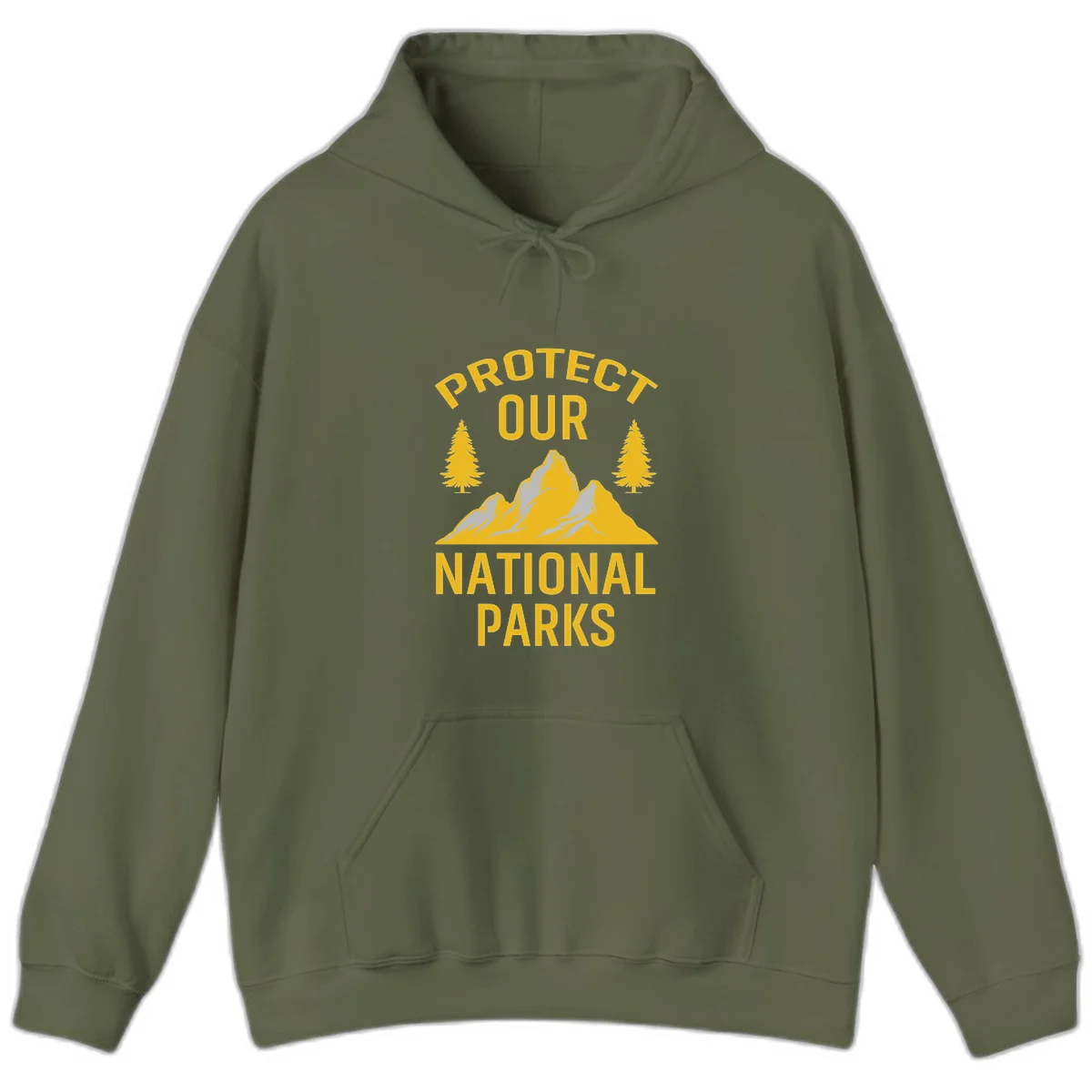 Protect our national parks design with golden mountains, evergreen trees, and bold text on gray background in Military Green