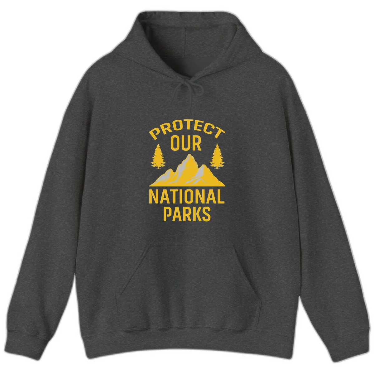 Protect our national parks design with golden mountains, evergreen trees, and bold text on gray background in Dark Heather