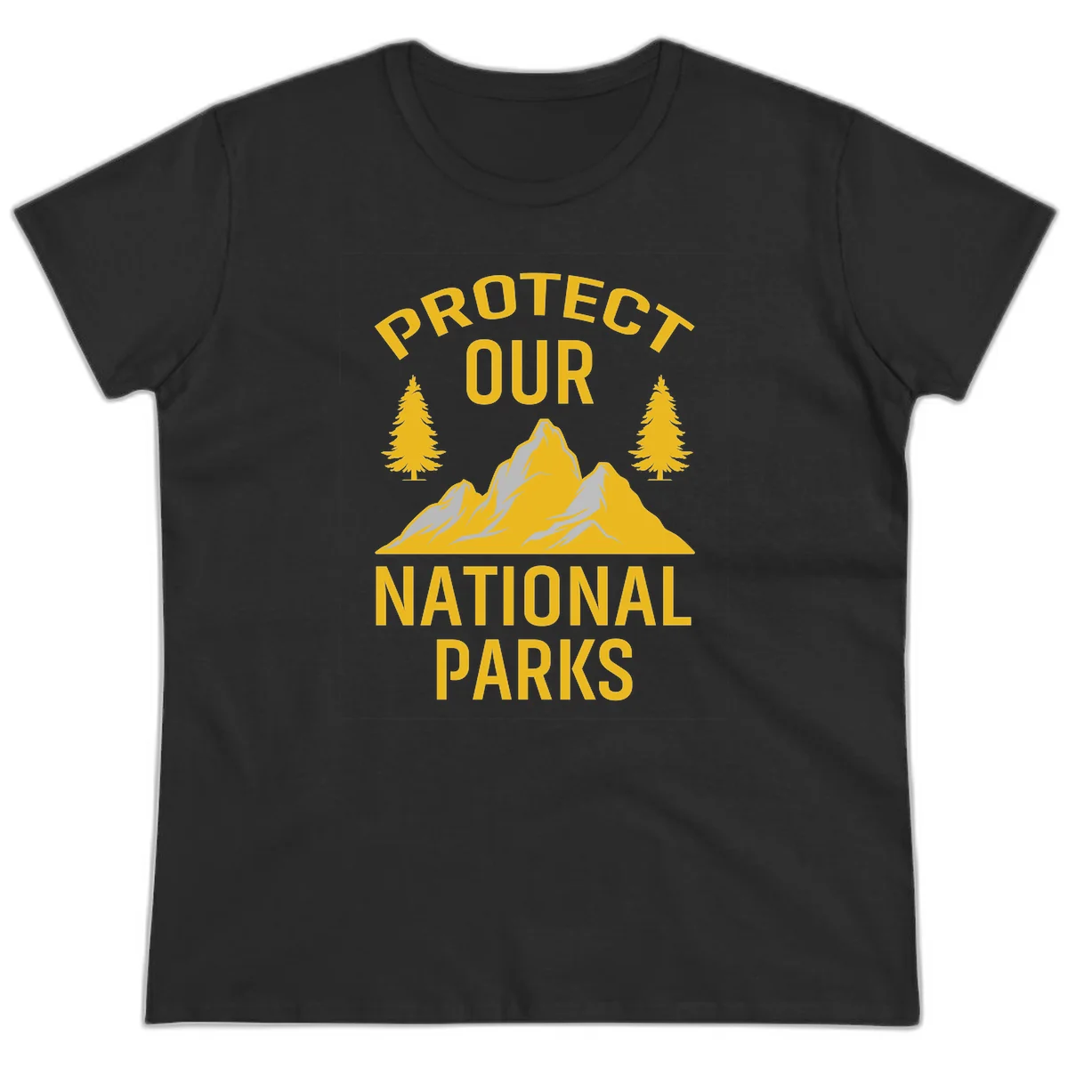 Protect our national parks design with golden mountains, evergreen trees, and bold text on gray background in Black