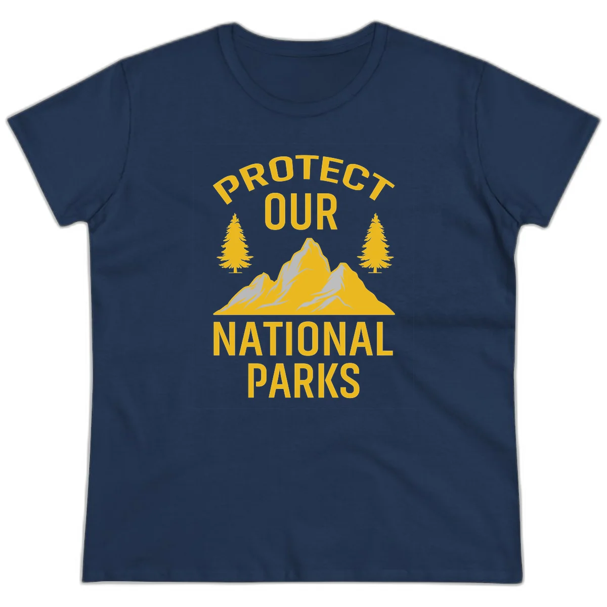 Protect our national parks design with golden mountains, evergreen trees, and bold text on gray background in Navy