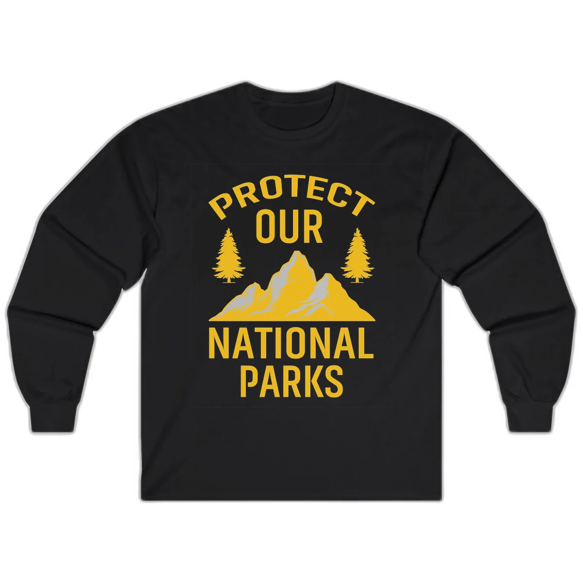 Protect our national parks design with golden mountains, evergreen trees, and bold text on gray background in Black