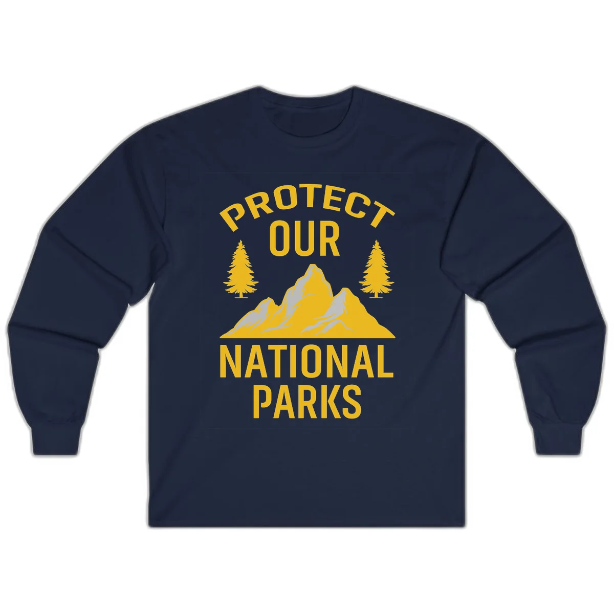 Protect our national parks design with golden mountains, evergreen trees, and bold text on gray background in Navy