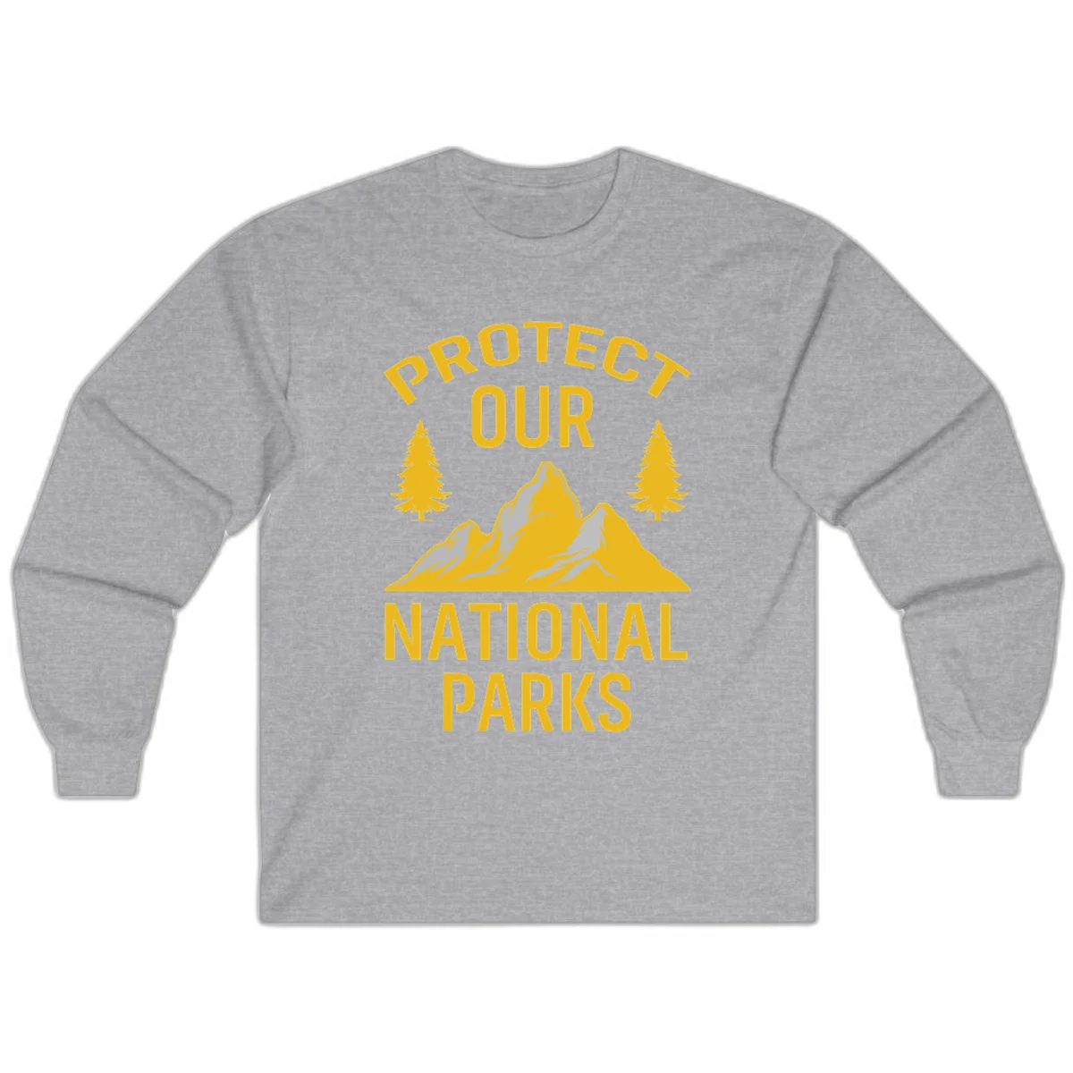 Protect our national parks design with golden mountains, evergreen trees, and bold text on gray background in Sport Grey