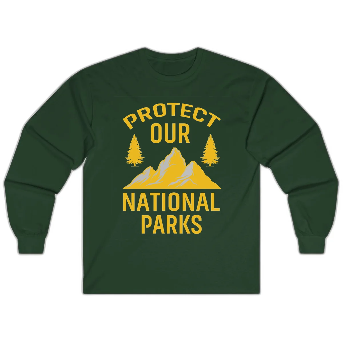 Protect our national parks design with golden mountains, evergreen trees, and bold text on gray background in Forest Green