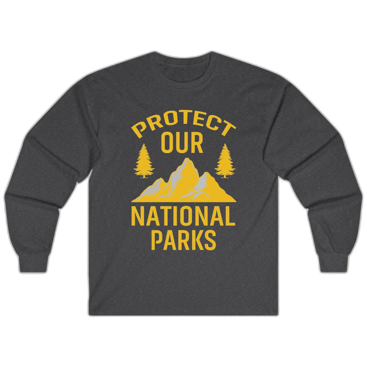 Protect our national parks design with golden mountains, evergreen trees, and bold text on gray background in Dark Heather