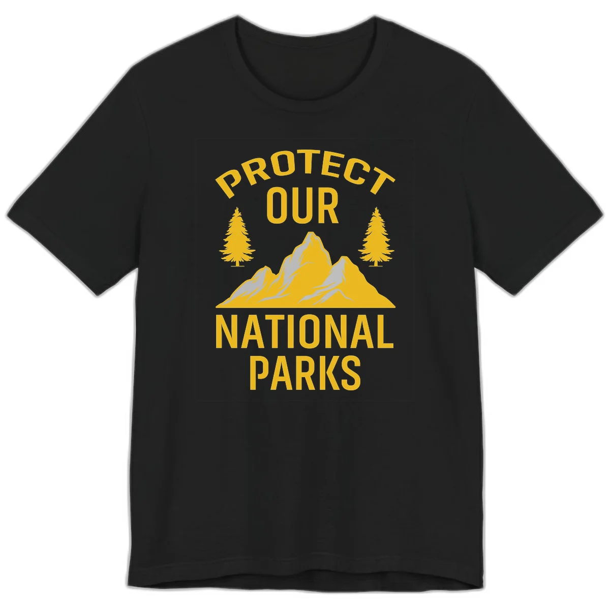 Protect our national parks design with golden mountains, evergreen trees, and bold text on gray background in Black