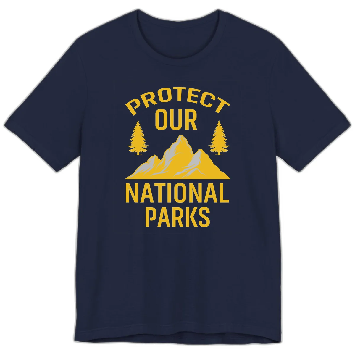 Protect our national parks design with golden mountains, evergreen trees, and bold text on gray background in Navy