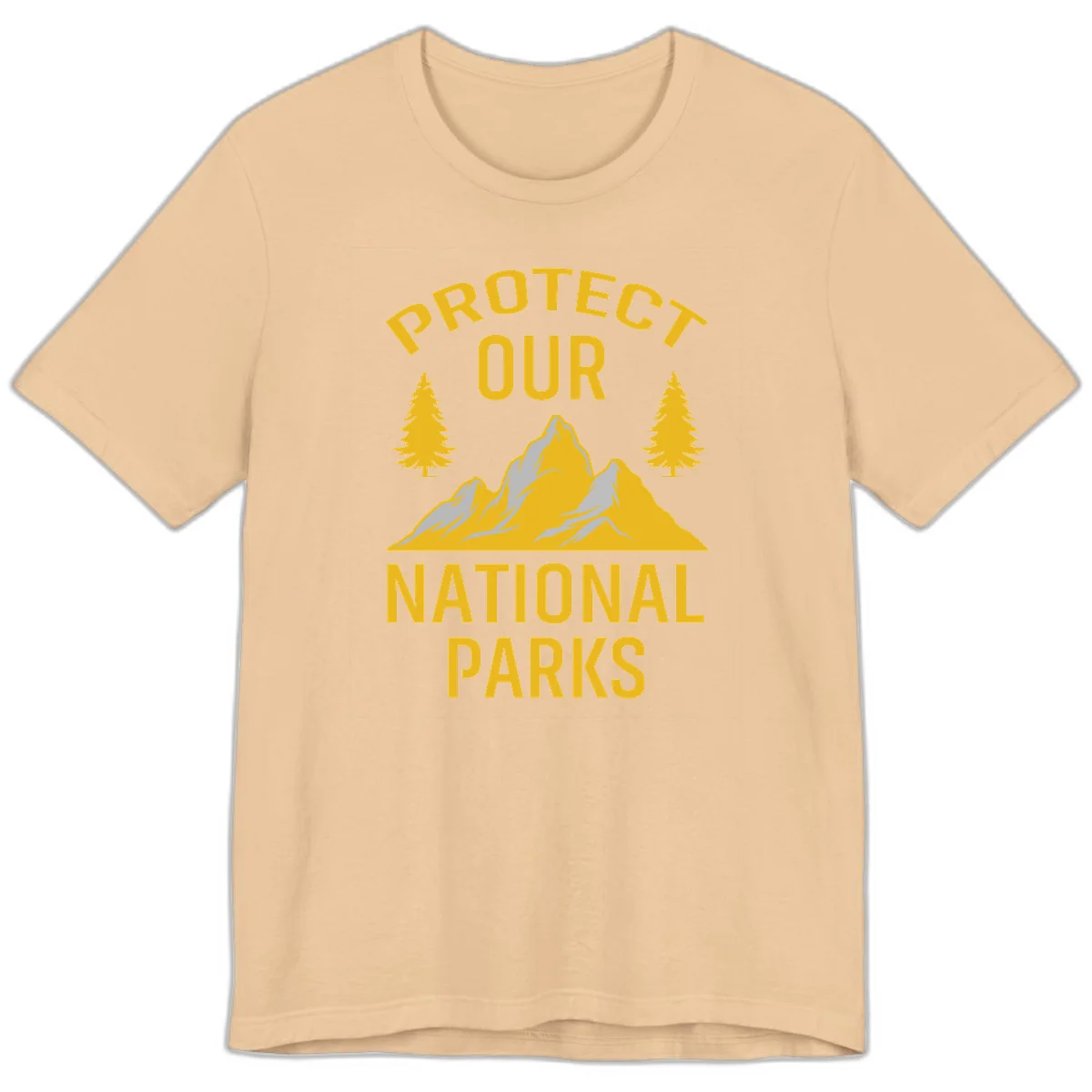 Protect our national parks design with golden mountains, evergreen trees, and bold text on gray background in Sand Dune
