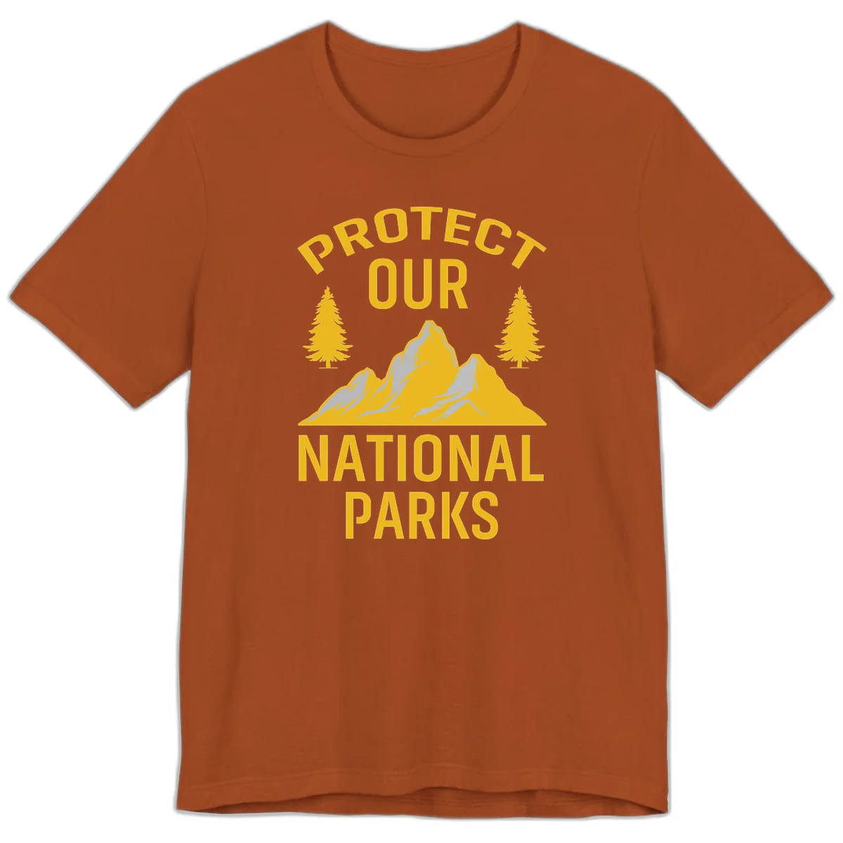 Protect our national parks design with golden mountains, evergreen trees, and bold text on gray background in Autumn