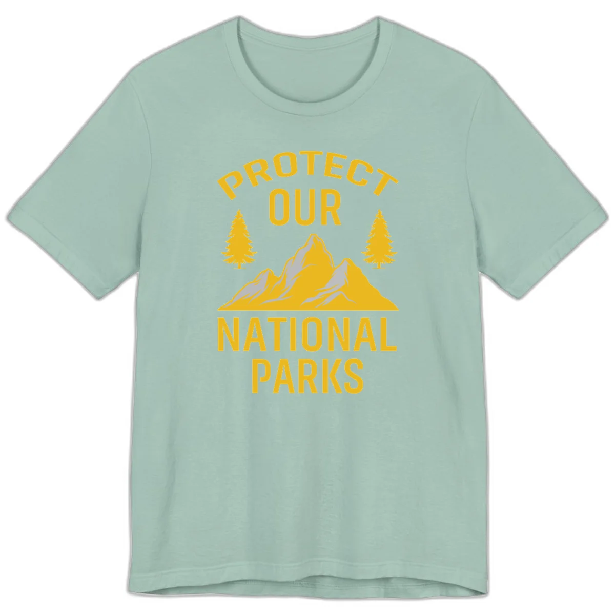 Protect our national parks design with golden mountains, evergreen trees, and bold text on gray background in Dusty Blue