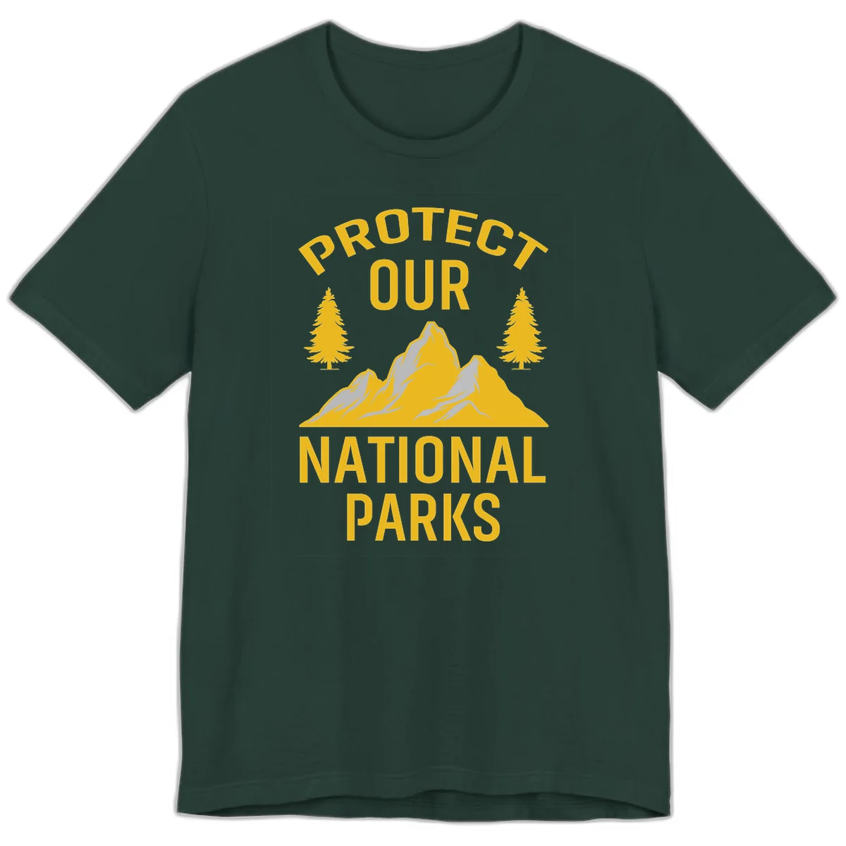 Protect our national parks design with golden mountains, evergreen trees, and bold text on gray background in Forest