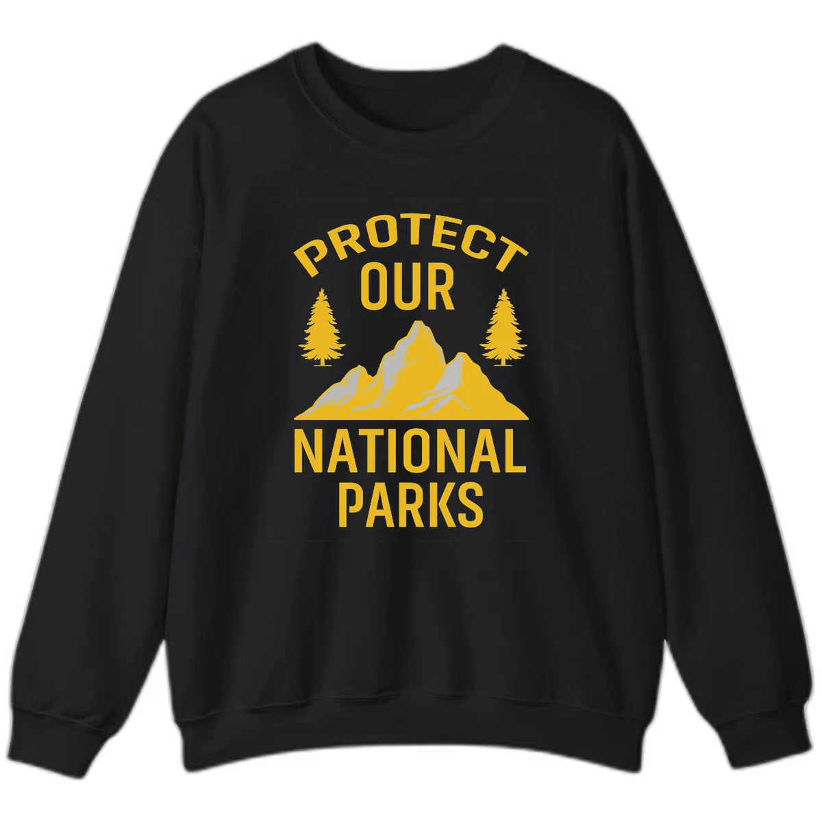 Protect our national parks design with golden mountains, evergreen trees, and bold text on gray background in Black