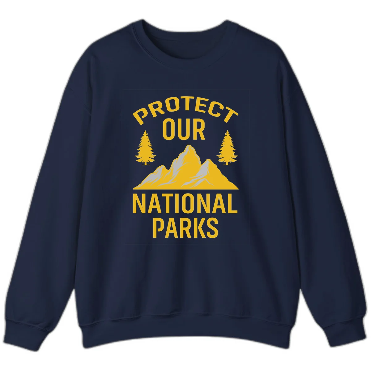 Protect our national parks design with golden mountains, evergreen trees, and bold text on gray background in Navy