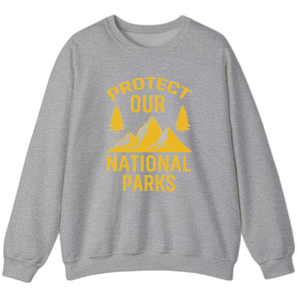 Protect our national parks design with golden mountains, evergreen trees, and bold text on gray background in Sport Grey