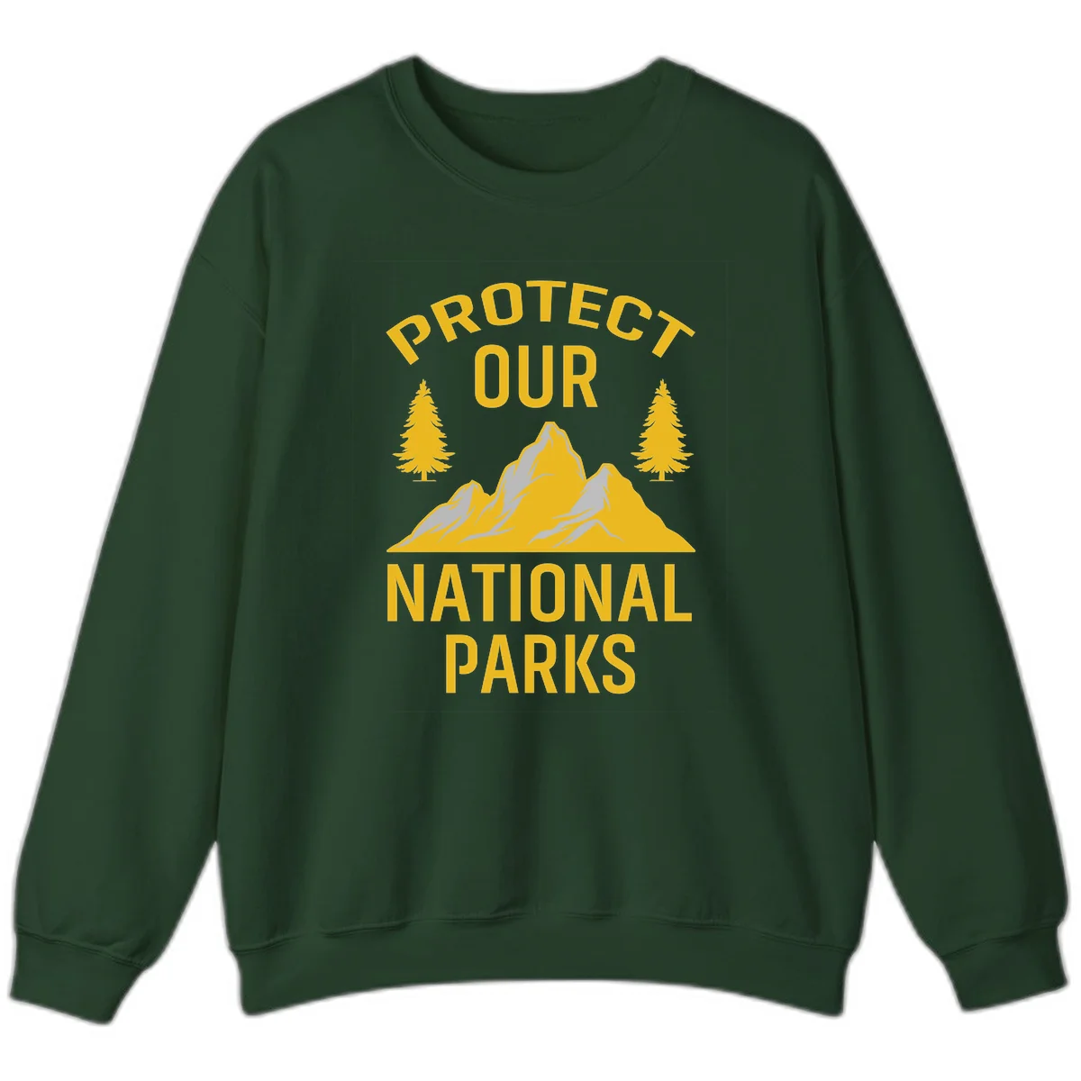 Protect our national parks design with golden mountains, evergreen trees, and bold text on gray background in Forest Green