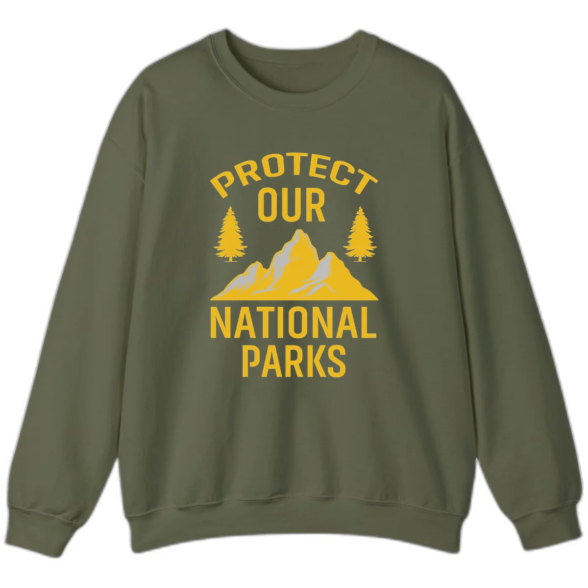 Protect our national parks design with golden mountains, evergreen trees, and bold text on gray background in Military Green