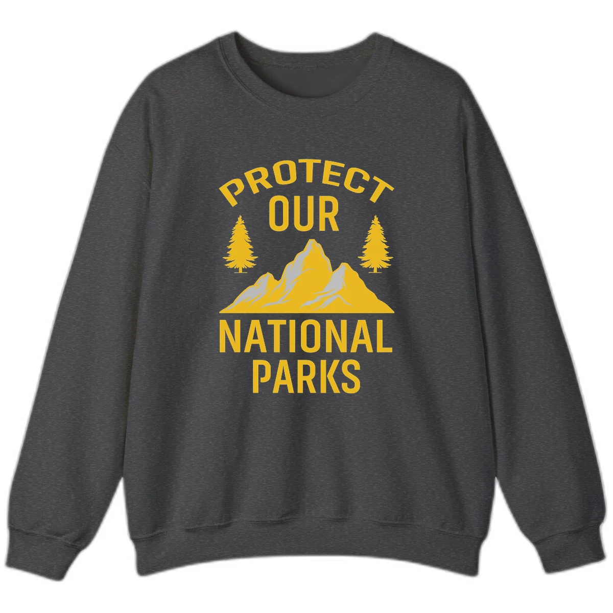 Protect our national parks design with golden mountains, evergreen trees, and bold text on gray background in Dark Heather