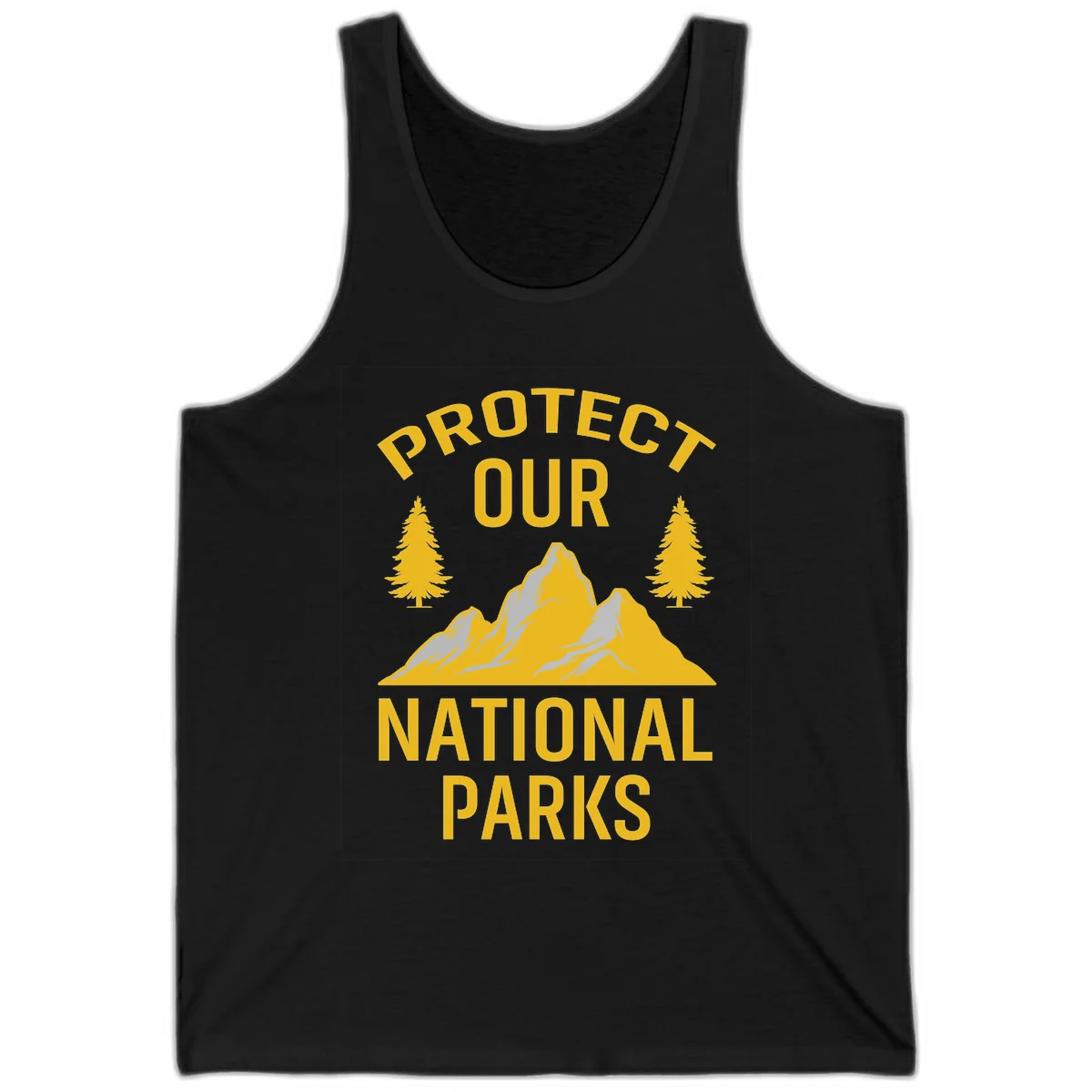 Protect our national parks design with golden mountains, evergreen trees, and bold text on gray background in Black