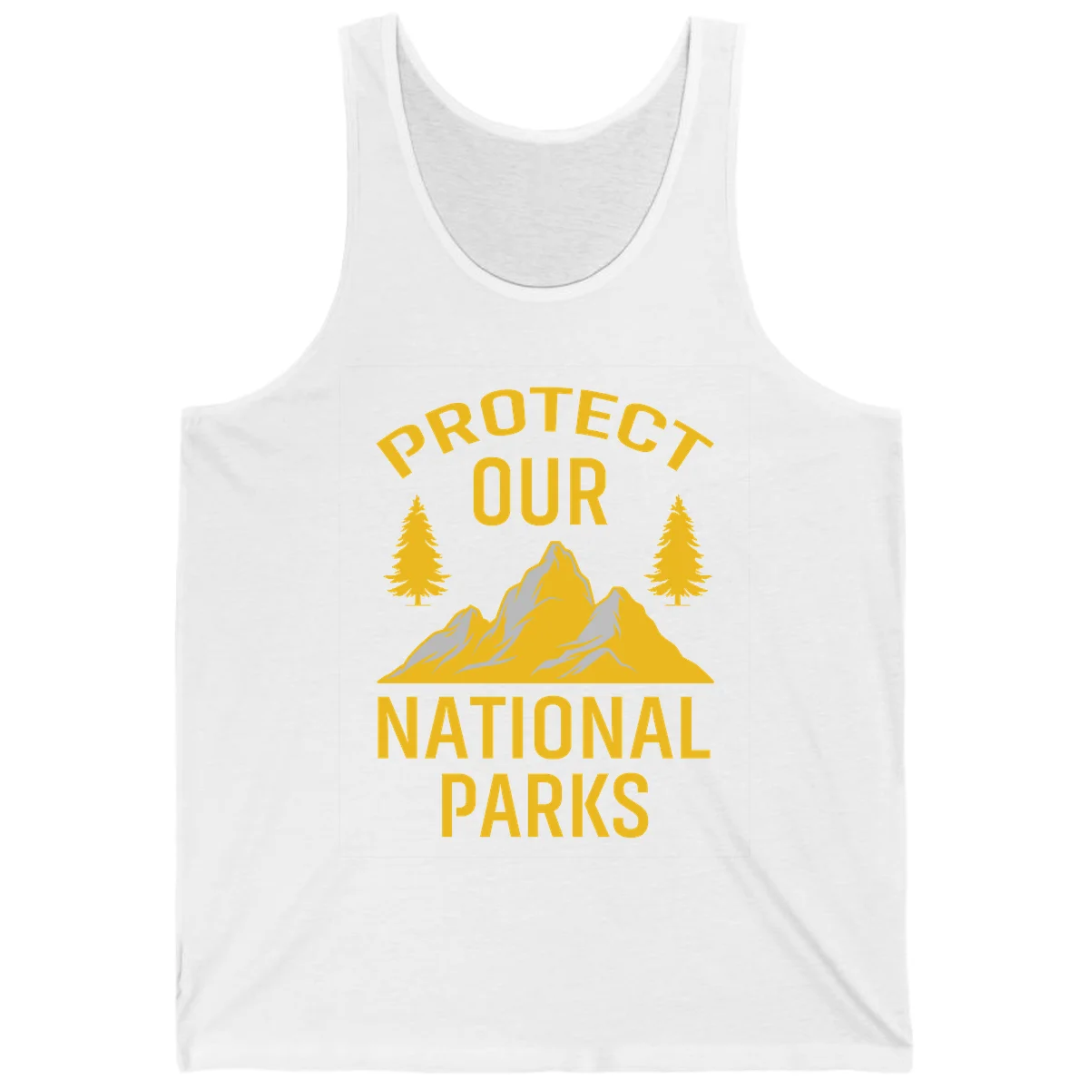 Protect our national parks design with golden mountains, evergreen trees, and bold text on gray background in White