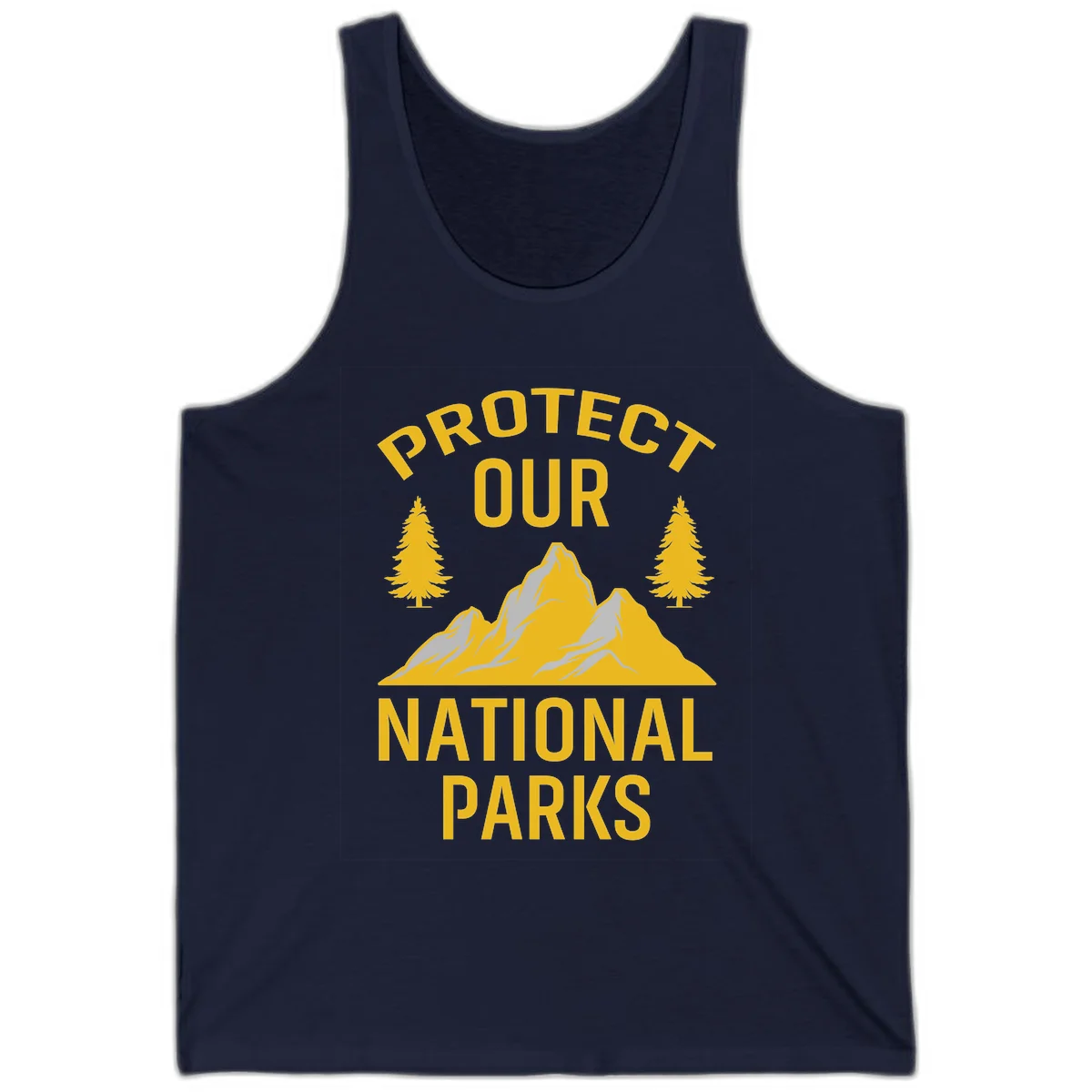 Protect our national parks design with golden mountains, evergreen trees, and bold text on gray background in Navy