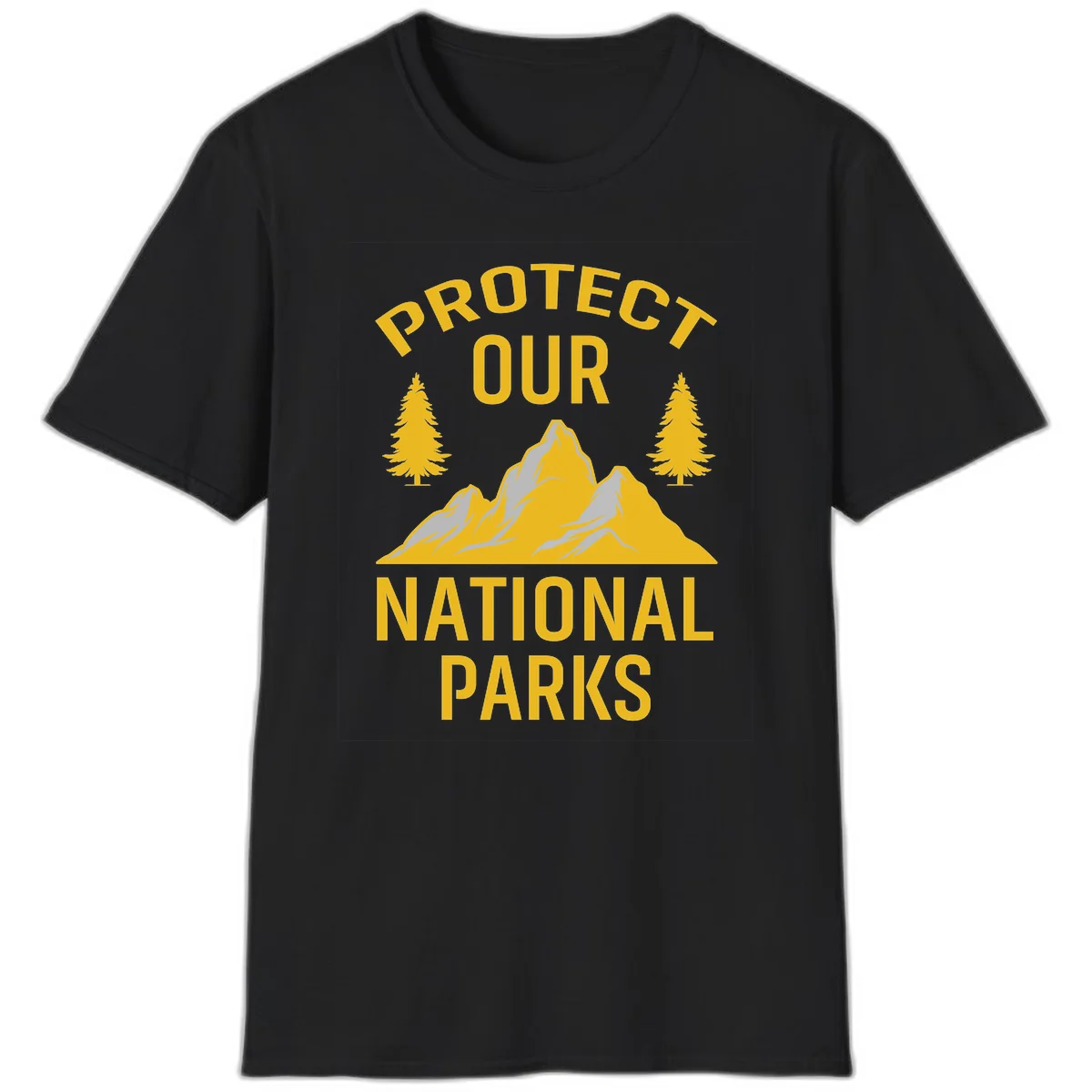 Protect our national parks design with golden mountains, evergreen trees, and bold text on gray background in Black
