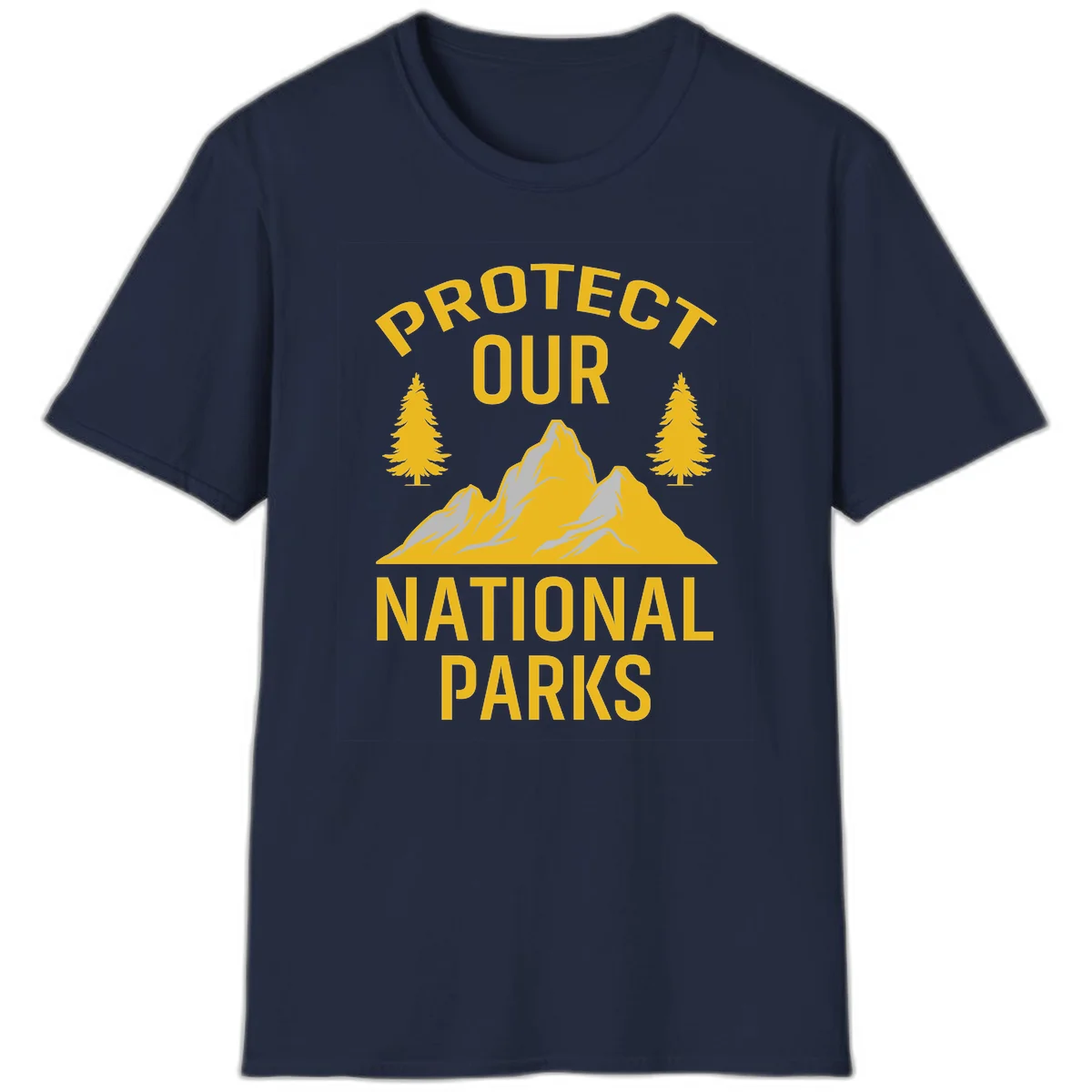 Protect our national parks design with golden mountains, evergreen trees, and bold text on gray background in Navy