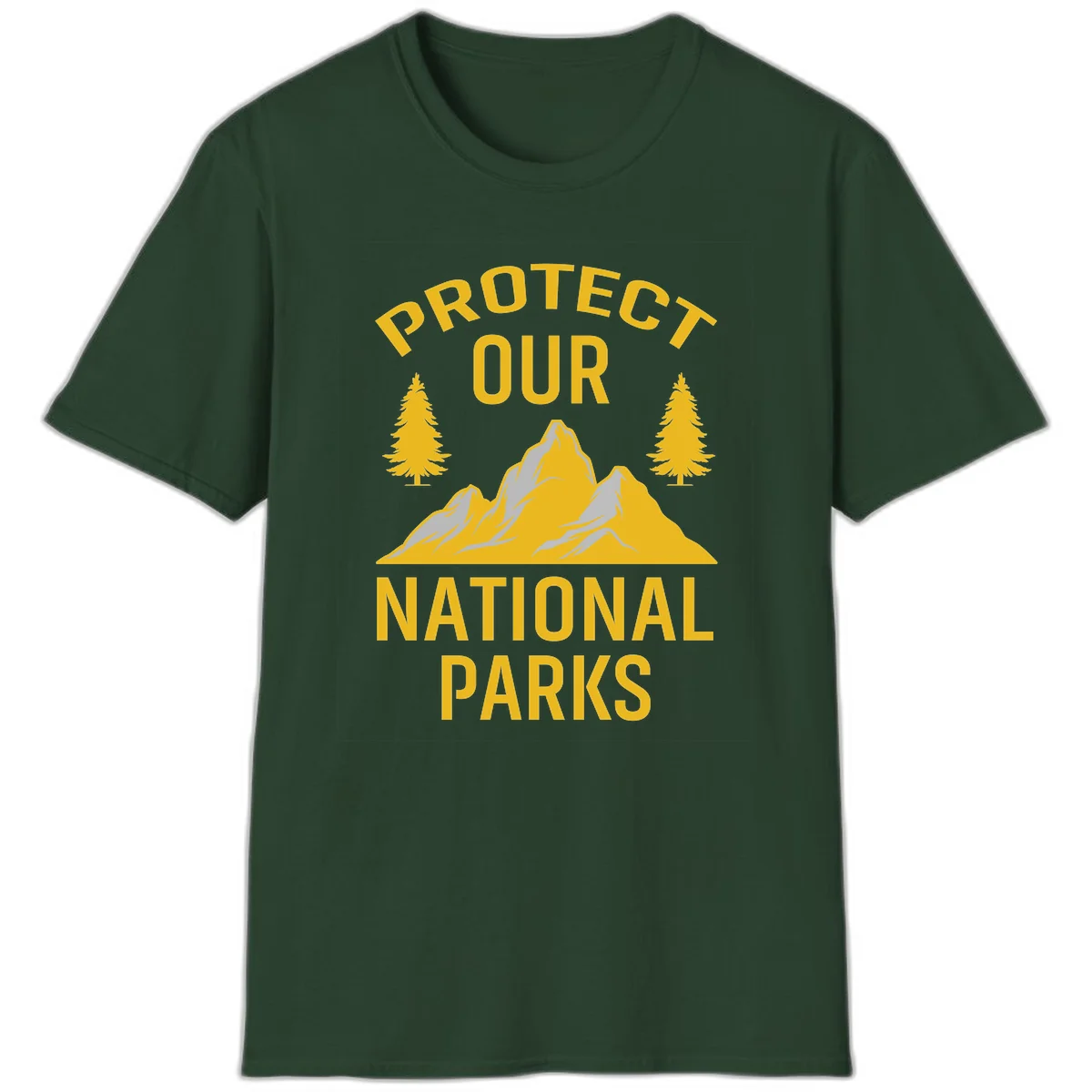 Protect our national parks design with golden mountains, evergreen trees, and bold text on gray background in Forest Green