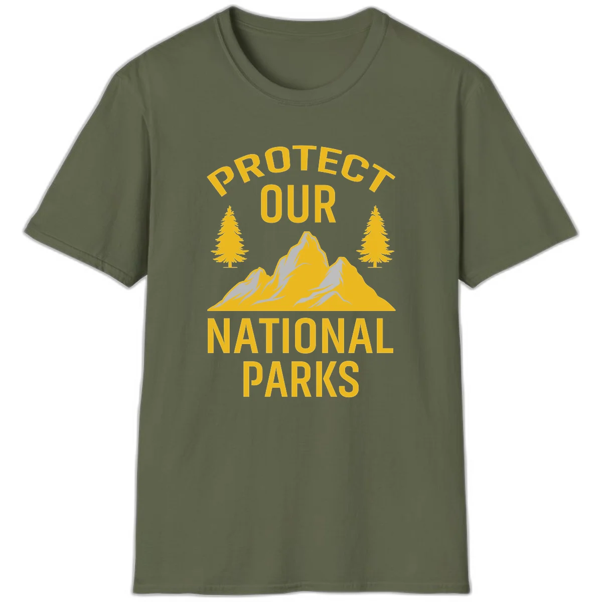 Protect our national parks design with golden mountains, evergreen trees, and bold text on gray background in Military Green