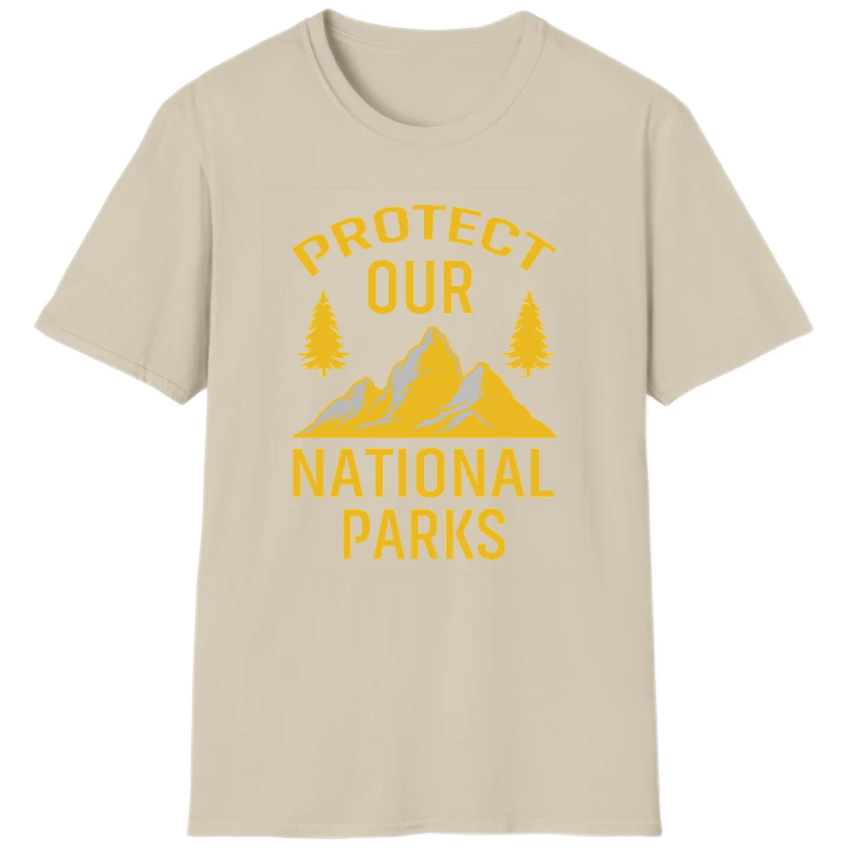 Protect our national parks design with golden mountains, evergreen trees, and bold text on gray background in Sand