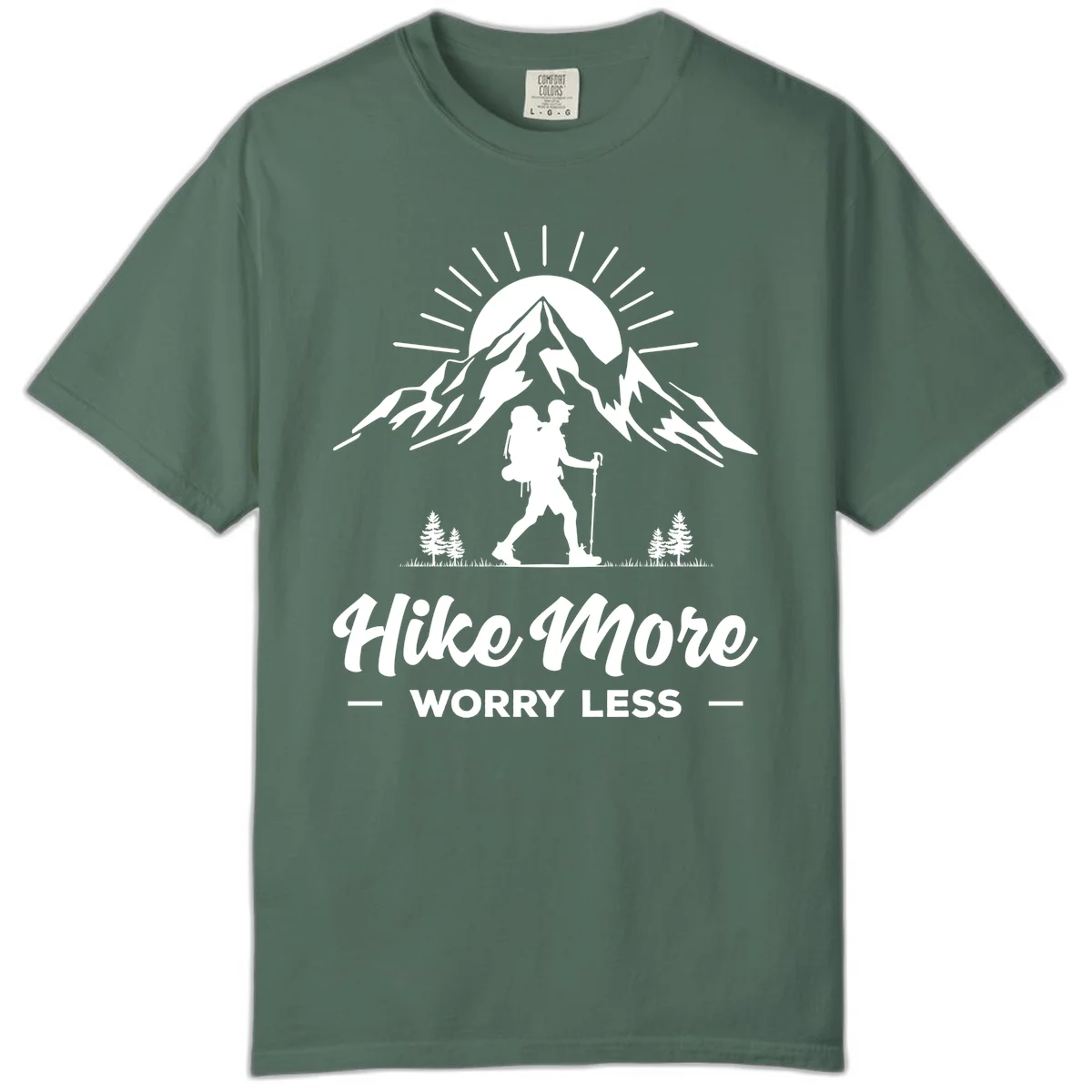 Silhouette of hiker with backpack and poles facing snow-capped mountain with radiating sun, evergreen trees below, text reads 'Hike More Worry Less' in Blue Spruce