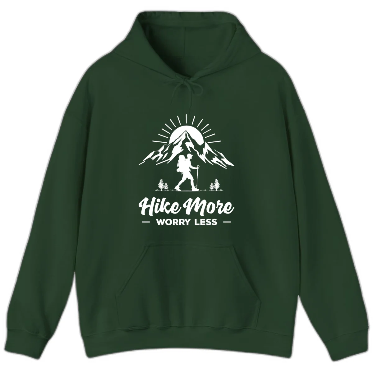 Silhouette of hiker with backpack and poles facing snow-capped mountain with radiating sun, evergreen trees below, text reads 'Hike More Worry Less' in Forest Green